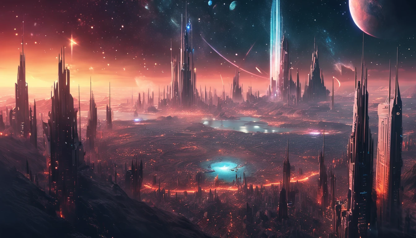 Starry sky and distant fantasy cities and planets with towers, epic fantasy sci fi illustration, fantasy planet, arstation and beeple highly, Fantasy space, fantasy scifi, epic scifi fantasy art, epic dreamlike fantasy landscape, ethereal starlit city at sunset, impressive fantasy landscape, Sci-fi fantasy wallpaper, epic beautiful space scifi, Fantasy Sci-Fi - Fantasy