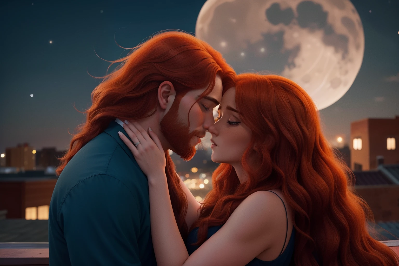 On a moonlit rooftop, a character with a fiery mane of auburn hair passionately declares their love to another, their faces flushed with intensity and vulnerability, their eyes locked in a soulful gaze.