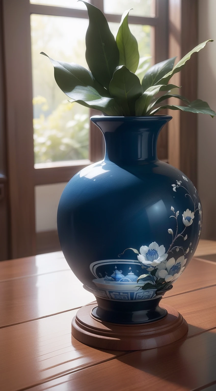 Ancient Chinese blue and white porcelain vase,Close-up of details,,Well-made porcelain vases,Sleek shape,Inside the bottle is a coiled sculpture of a dragon's body,Delicate blue and white glass,The porcelain vase has exquisite painting patterns on it,Porcelain white bottle,Pattern of the blue line,Intricate ancient animal motifs,Dazzling light,Elevation viewing angle,In the background is an old Chinese living room,Carved wooden coffee table,Features a layered depth of field effect(light and shadow effect),(Depth of field effect),(Tyndall),(Light particle tracing),(CG),(Cinematic lighting visuals),(Volumetriclighting),(Unreal 5),(cinema4d),(vivd colour),(Obvious layers),(Photography Award),(8k wallpaper),(Masterpiece),(best qualtiy), photorealestic,realisticlying