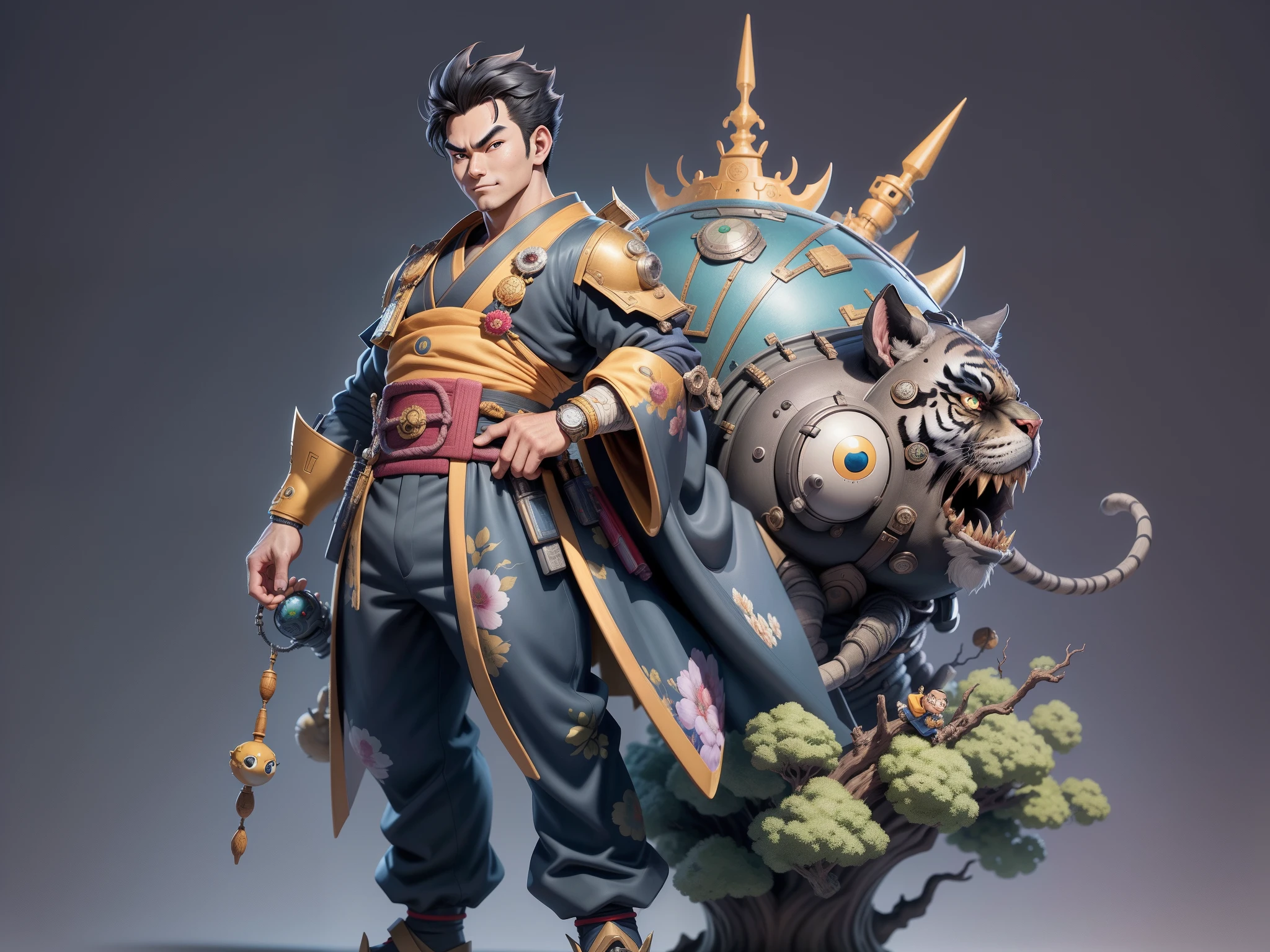 (Masterpiece), (Excellent), (Super Meticulous), (Full Body: 1.2), Super Young Man, Oriental Face, Japanese Kimono, Japanese Wind Thunder God, Dragon, Tiger, TV Anchor, Bust Portrait Illustration, Alone, Black Suit, Blue Tie, Slightly Chubby Face, Very Clean Face, No Beard, Black Super Short Hair, Black Eyes, Confident Smile, 3c Computer Sub-Products, iPad, iPhone, Digital Painting, 3D Character Design by Akira Toriyama and Mark Claireden and Pixar and Hayao Miyazaki, The illustration is a high-definition illustration in 4K resolution with very detailed facial features and cartoon-style visuals.