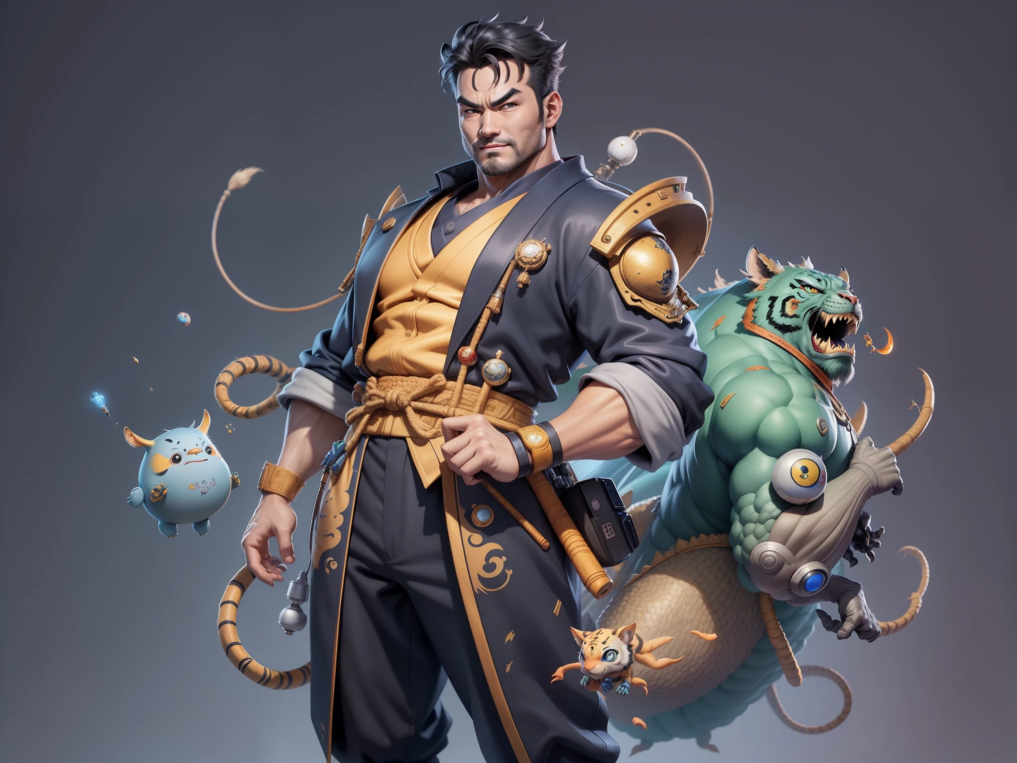 (Masterpiece), (Excellent), (Super Meticulous), (Full Body: 1.2), Super Young Man with Japanese Female Geisha, Pretty, Beautiful, Chinese Dragon, Tiger, Wind God Thor, Sexy, Bursting, Oriental Face, TV Anchor, Bust Portrait Illustration, Black Suit, Blue Tie, Slightly Chubby Face, Silver Glasses, Very Clean Face, No Beard on Chin, Black Super Short Hair, Black Eyes, Confident Smile, 3c Computer Sub-Products, iPad, iPhone, Digital Painting, 3D character design by Mark Clairedon and Pixar and Hayao Miyazaki and Akira Toriyama, the illustrations are HD illustrations in 4K resolution with highly detailed facial features and cartoon-style visuals.