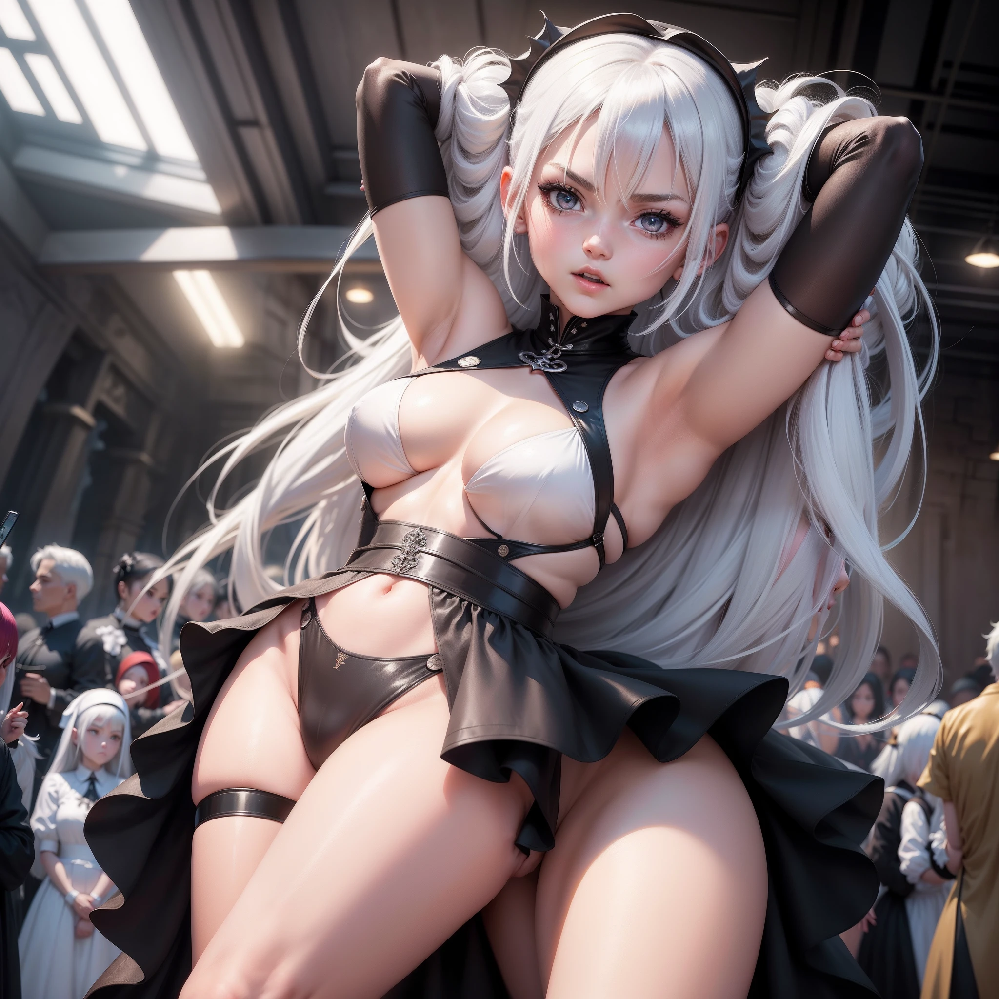 Masterpiece, Best quality, Girl, angel, Giantess, harem, , maid, A MILF, ninjartist, nun, Vampire, Night, In winter, Rainy days, White hair, ahoge, Disheveled hair, crossed bangs, arms behind head, Arms up, Armpits, Tiamat (fate), show feet, Surrounded, multiple others, exhibitionism, Audience, people in backgrounds, crowd, public humiliation, hindquarters_Visible,Through,Thighs,
