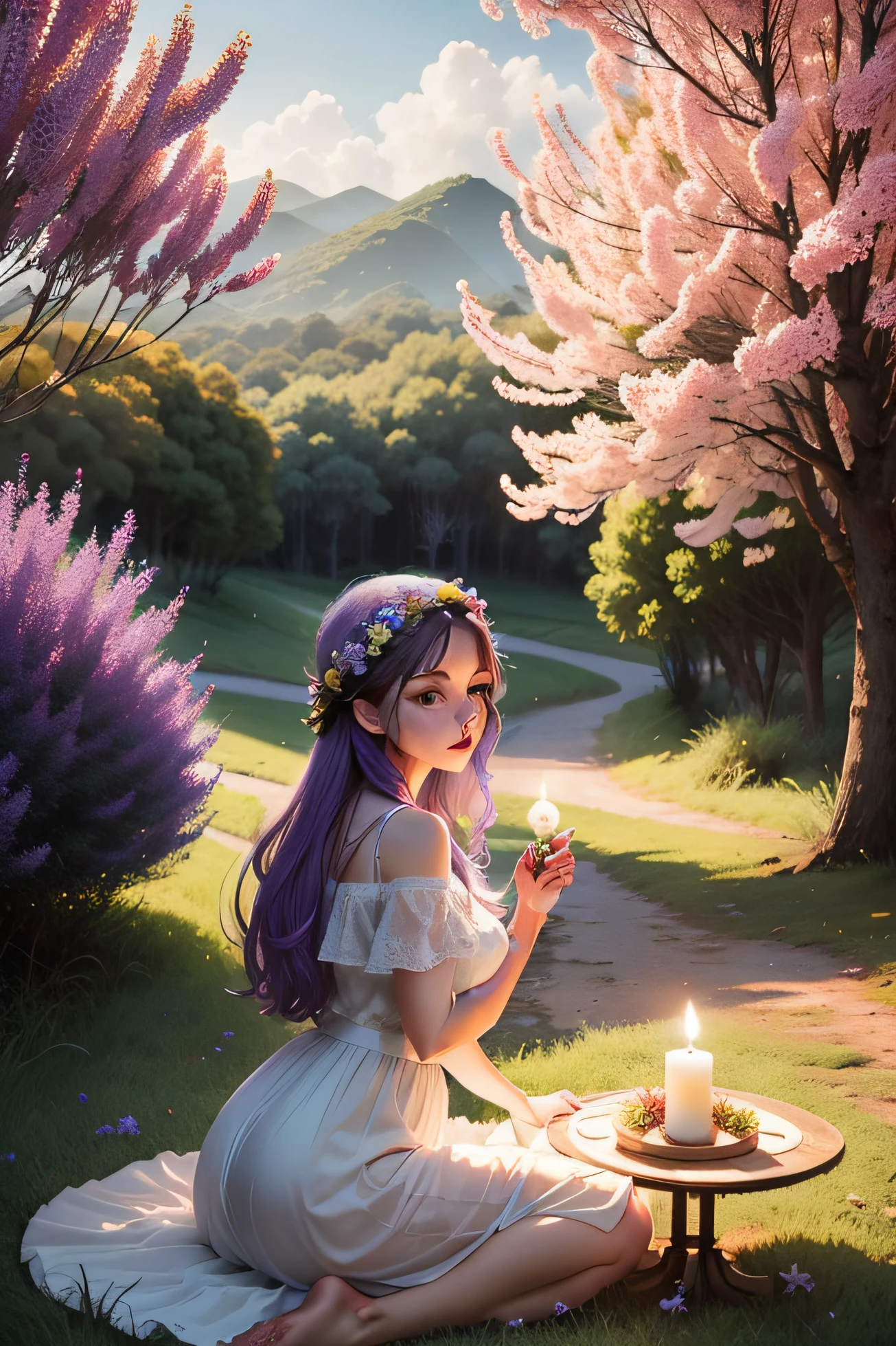 paisagem com natureza, cores lilas e bege e velas perfumadas