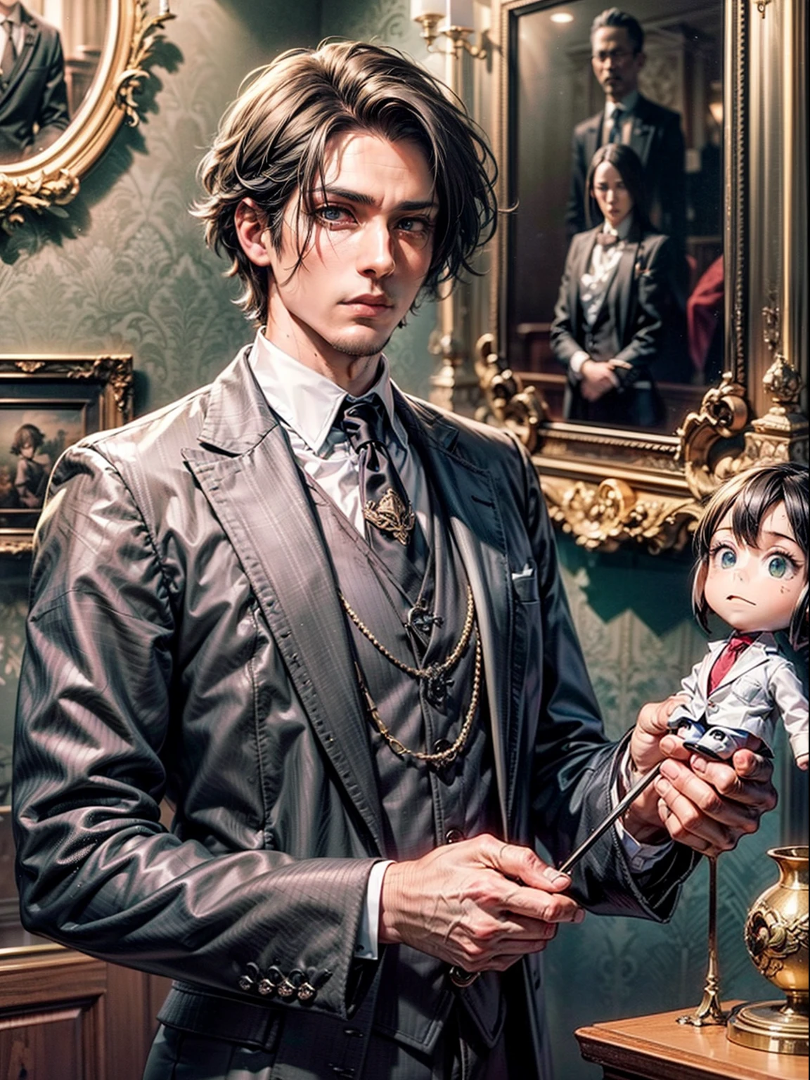 ((masutepiece, High resolution:1.35)), Mature crooks in dappers with a mischievous shine (emerald green:0.65) Eyes and perfectly groomed (jet black:1.2) goatee. He wears perfectly tailored clothes (Charcoal gray:1.15) and suits (Crimson Red Silk:1.1) Pocket square with tie. his (Onyx Black:1.25) Perfectly smooth hair, Highlight his sharp features. His marionette, Intricately carved (Ebony:0.95) And (mahogany:1.05), Stand around him, lor (Lifeless eyes:1.4) Reflecting his own seductive gaze. In the background、A dimly lit room appears decorated with antique contracts and creepiness, Antique Puppet Show