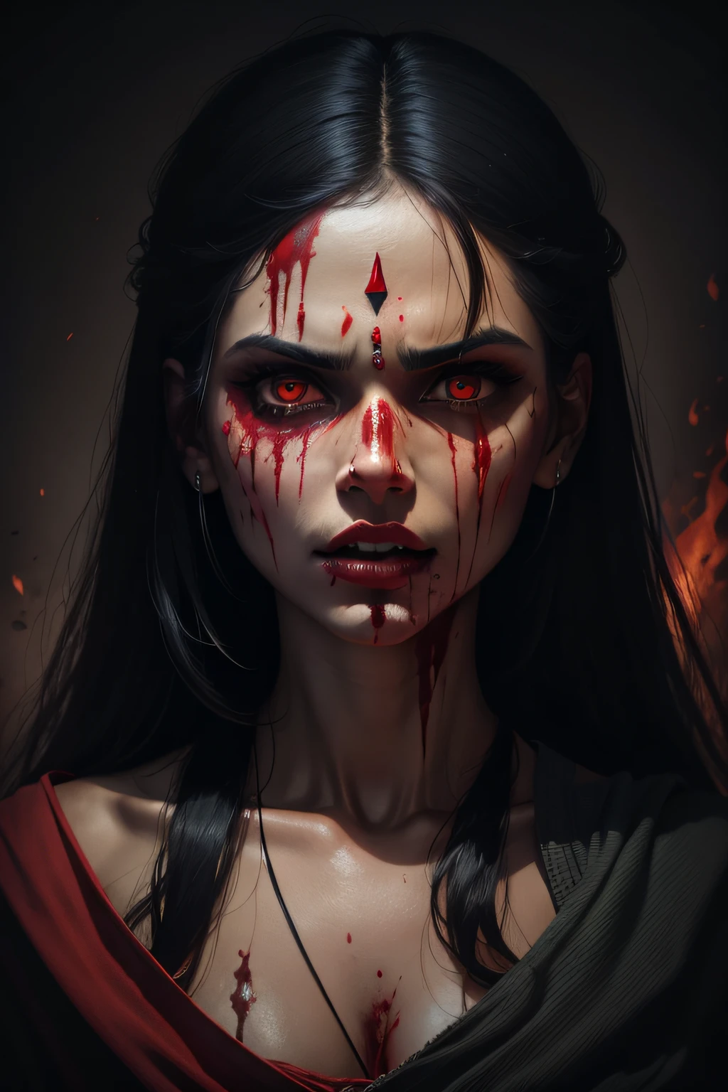 indian female devil, cut on face, ghost face, bloody face, blood inside mouth, dead ?????? face, demon, evil dead, killing someone, black background, satanic face
