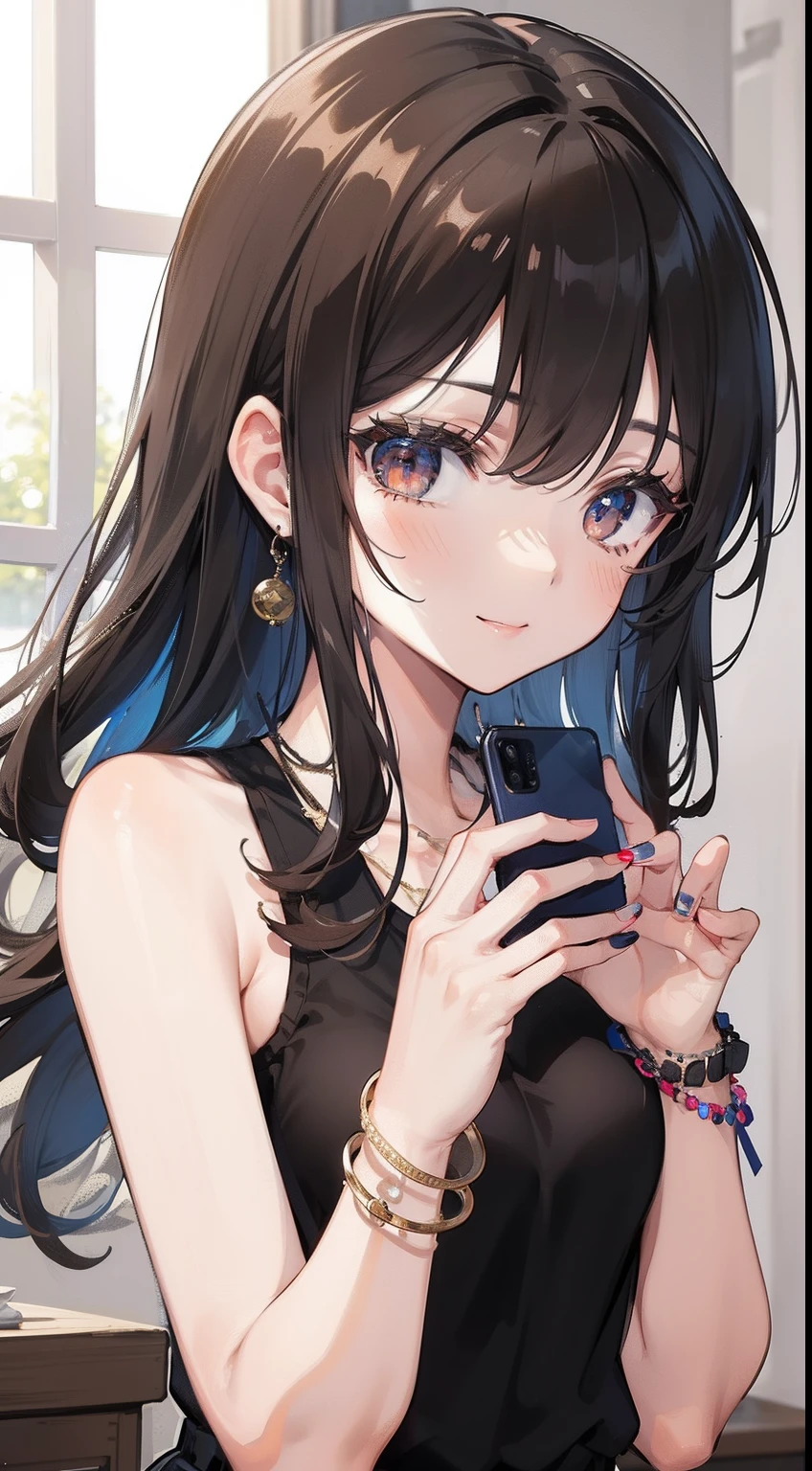 (masterpiece, best quality, ultra-detailed, highres, 4k),(beautiful detailed eyes),(very detailed face),(1girl),HDR,long hair, shorts, phone, brown eyes, brown hair, cellphone, bracelet, tank top, jewelry, watch, lips, solo focus, nail polish, blurry background, smile, wristwatch, realistic, blurry, looking at viewer