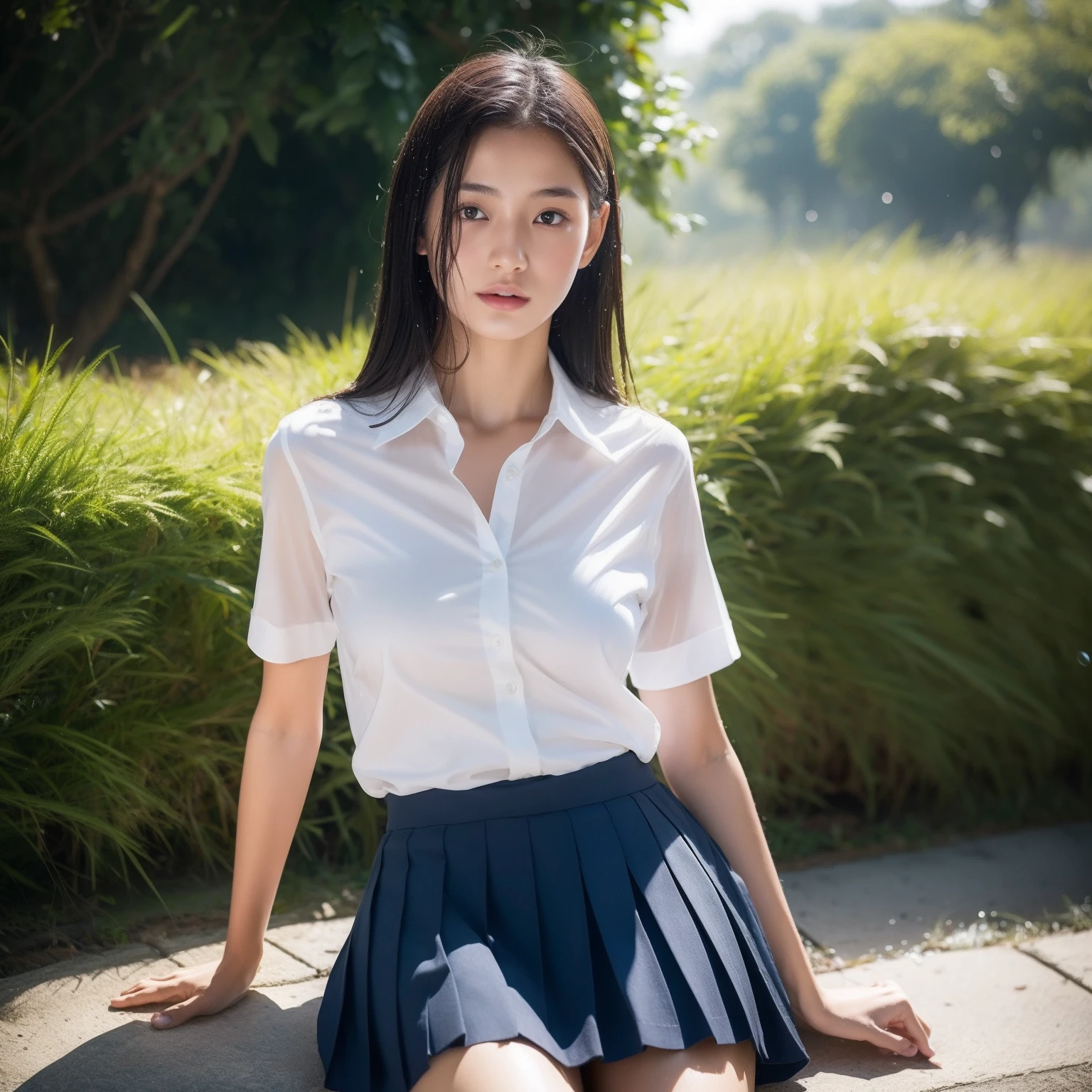Crazy beautiful 14 year old Japanese seductive woman, , Beautiful fece, Blush  , ,lob hair, school uniform, thin shirt with ,navy skirt  ,,Slender body,  skinny figure,Dune grass ,Slim waist,Slender limbs,slim hip,Pale skin,On outdoor benches,rainy days,,Wet see-through clothes,Wet,Wet body,Wet skin,, Soaked,soaking wet , Natural lighting,clean detailed faces,, photograph realistic, Depth of field, Clean image, beautidful eyes,High quality, High detail, High definition, Luminous Studio graphics engine,Unreal Engine5,  hdr,tmasterpiece,Beautiful and beautiful tits  ,Transparent bra,,Sitting,huge tit，