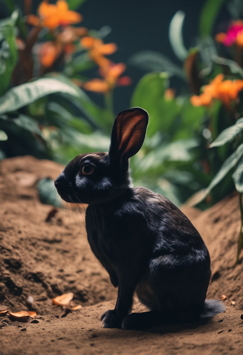 Raw photo, Black rabbit, The background is an African jungle, Looks cool rabbit assertive、The background is Ikuyama