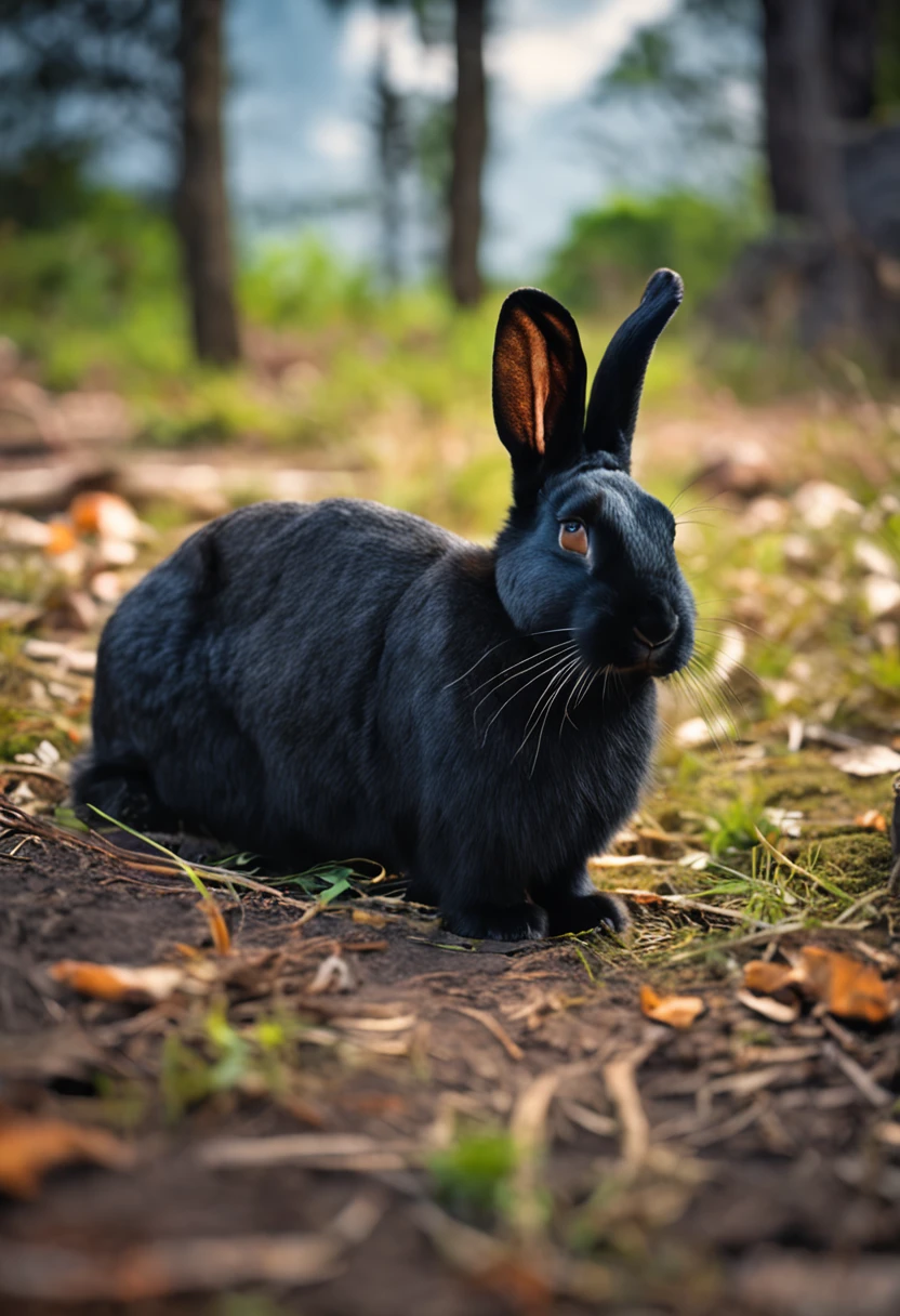 Raw photo, Black rabbit, The background is an African jungle, Looks cool rabbit assertive、The background is Ikuyama
