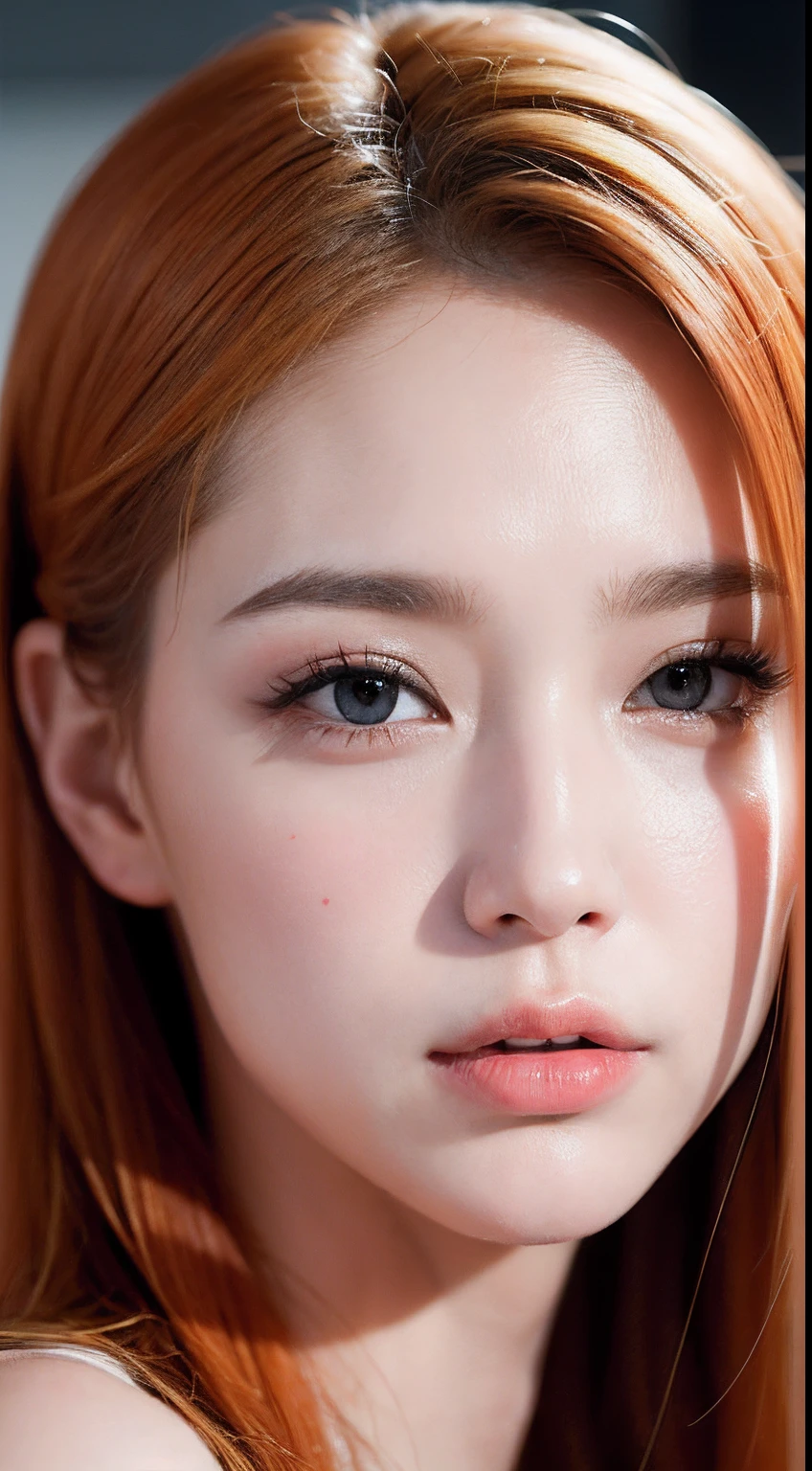 15Caucasian model at the age, a closeup, masterpiece, top-quality, Raw foto, Photorealsitic, faces, unbelievable Ridiculous, beautiful a girl, cute little, A detailed eye, Strongly wavy hair, depth of fields, hight resolution, ultra-detailliert, finely detail, ighly detailed, extremely detailed eye and face, Sharp pupils, Realistic pupils, foco nítido, Cinematic lighting , Cohesive hairstyle, Orange hair color, Unusual attire, facial close-up, masterpiece, realistic skin textures, ultra-detailliert, Lustrous hair and skin