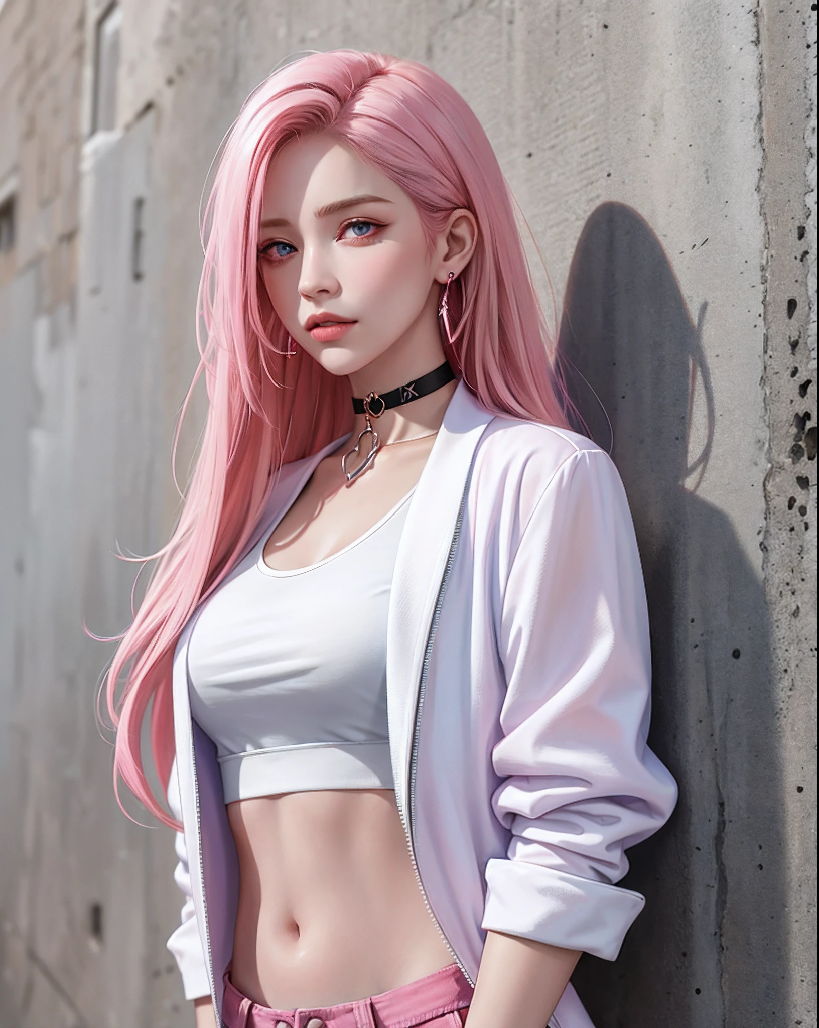 (masterpiece, best quality, 1girl, solo, intricate details, chromatic aberration), realistic, ((medium breath)),long hair, pink hair, red head ornament, pink highlights, hair over one eye,purple eyes, earrings, sharp eyes, choker, neon shirt, open jacket, crop top, (symmetry eyes),(perfect symmetrical body),against wall, brick wall, graffiti, dim lighting, alley ,look at viewer