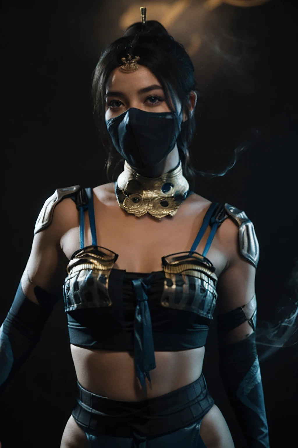 kitana from mortal kombat
blue-gold mask
traditional chinese blue costume
trees and sunset
 ,beautiful eyes, olive skin, medium length hair, petite body, big breasts, toned body, showing midriff, perfect face, neon light smoke background, volumetric fog, Hyperrealism, cinematic lighting, highly detailed, breathtaking, 8k uhd,