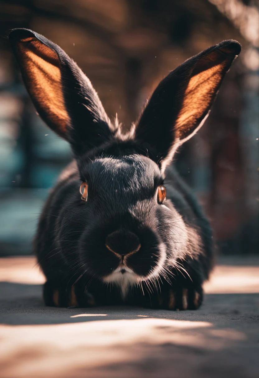 Raw photo, Black rabbit, The background is a snowy mountain, Looks cool rabbit assertive