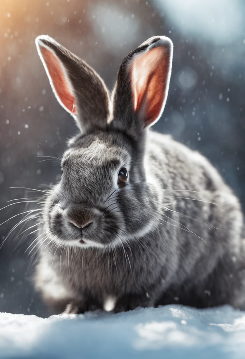 Raw photo, Black rabbit, The background is a snowy mountain, Looks cool rabbit assertive