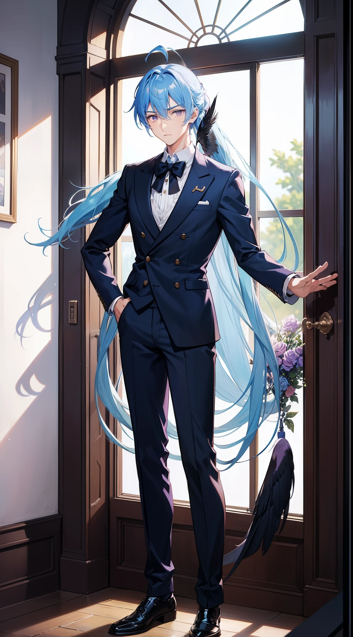 Young man standing in front of window, an animated character, Long light blue hair, Adonis, High Ponytail, Purple eyes, Magic School Uniform, high-necked, Black feathers, Roses in hand, Provocative laughter, masutepiece, hiquality, looking-down, Arm Raising Pose, official illustrations, high-level image quality