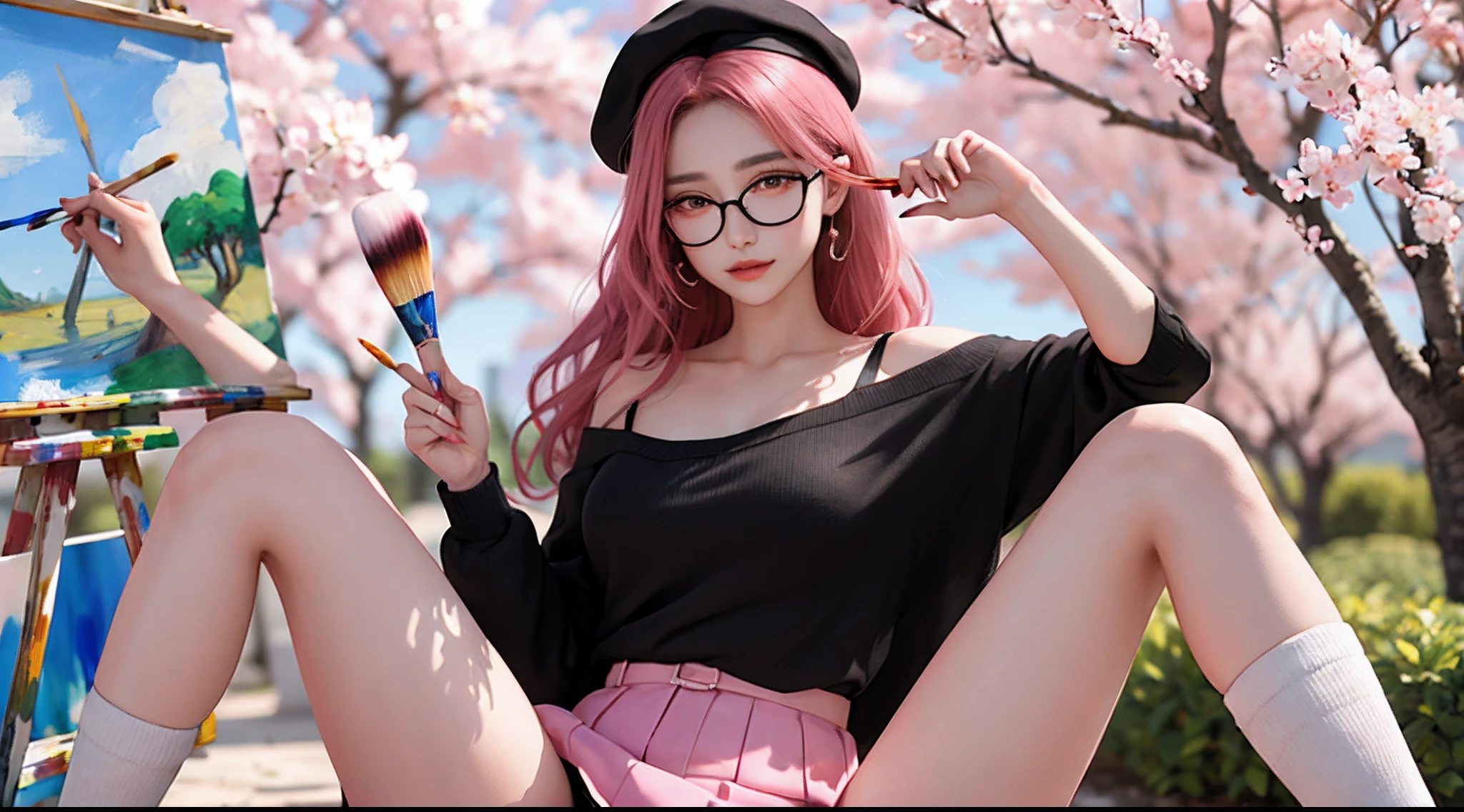 Student clothes+beret+(big pink eyes+Black glasses frame:1.1)+Intellectual beauty+(paint brushes|painting of a:1.2)+White knee-length socks+(under a sakura tree:1.2)+(3Drenderingof|3D drawing),Gentle expression
Dynamic lighting,photographrealistic,Clothes are damaged, Legs apart,Maple leaves in autumn
