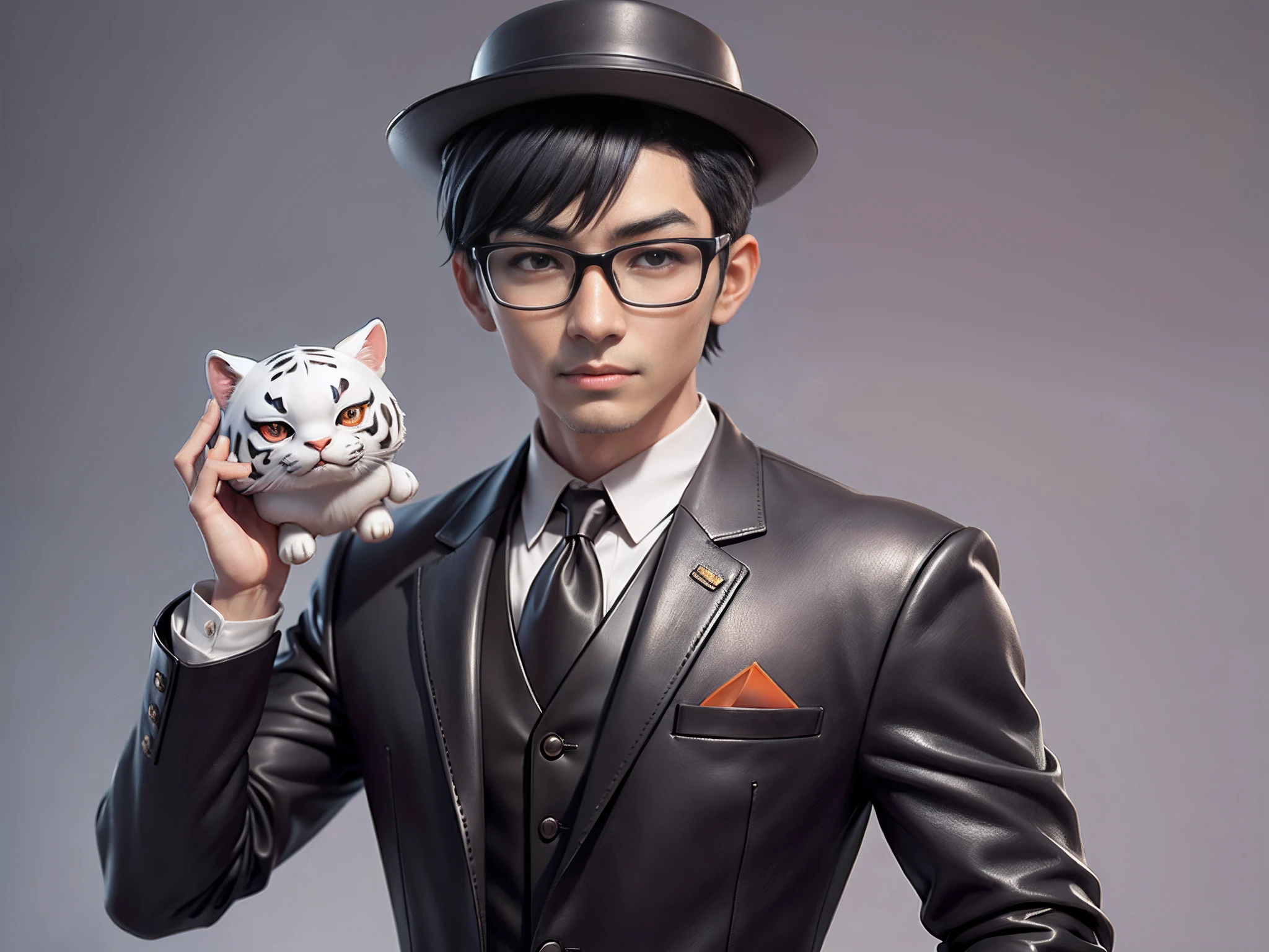 Young man with oriental face in leather hat, tiger, oriental face in formal suit, short black hair, silver glasses, digital painting, 3D character design by Mark Clairedon and Pixar and Hayao Miyazaki and Akira Toriyama, the illustration is a high-definition illustration in 4K resolution with very detailed facial features and cartoon-style visuals.