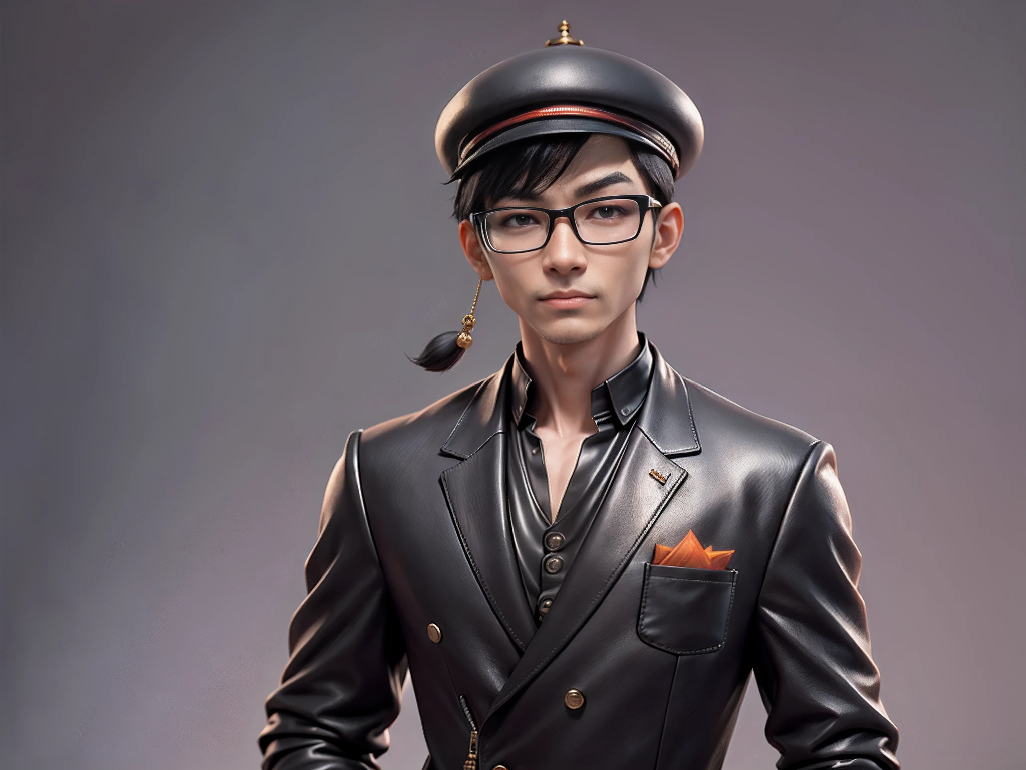 Young man with oriental face in leather hat, tiger, oriental face in formal suit, short black hair, silver glasses, digital painting, 3D character design by Mark Clairedon and Pixar and Hayao Miyazaki and Akira Toriyama, the illustration is a high-definition illustration in 4K resolution with very detailed facial features and cartoon-style visuals.