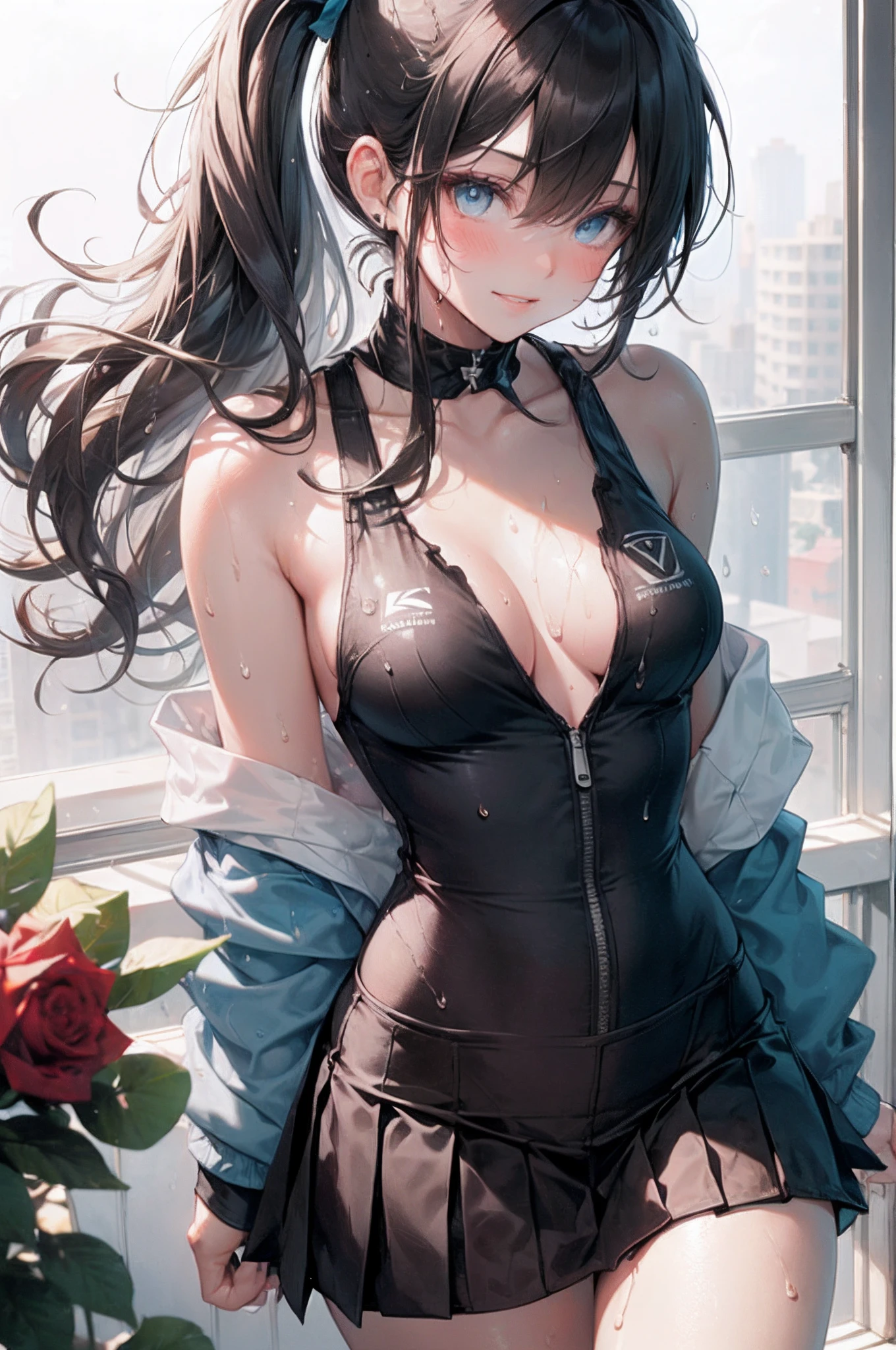 realistic, 1girl, ponytail, parted lips, blush, makeup, light smile, black hair, sportswear, skirt, wet clothes, glow, thighs, blue eye, bare shoulders, collarbone, narrow waist, sunbeam, sunlight, rose, wind, cleavage, (masterpiece), sweat,