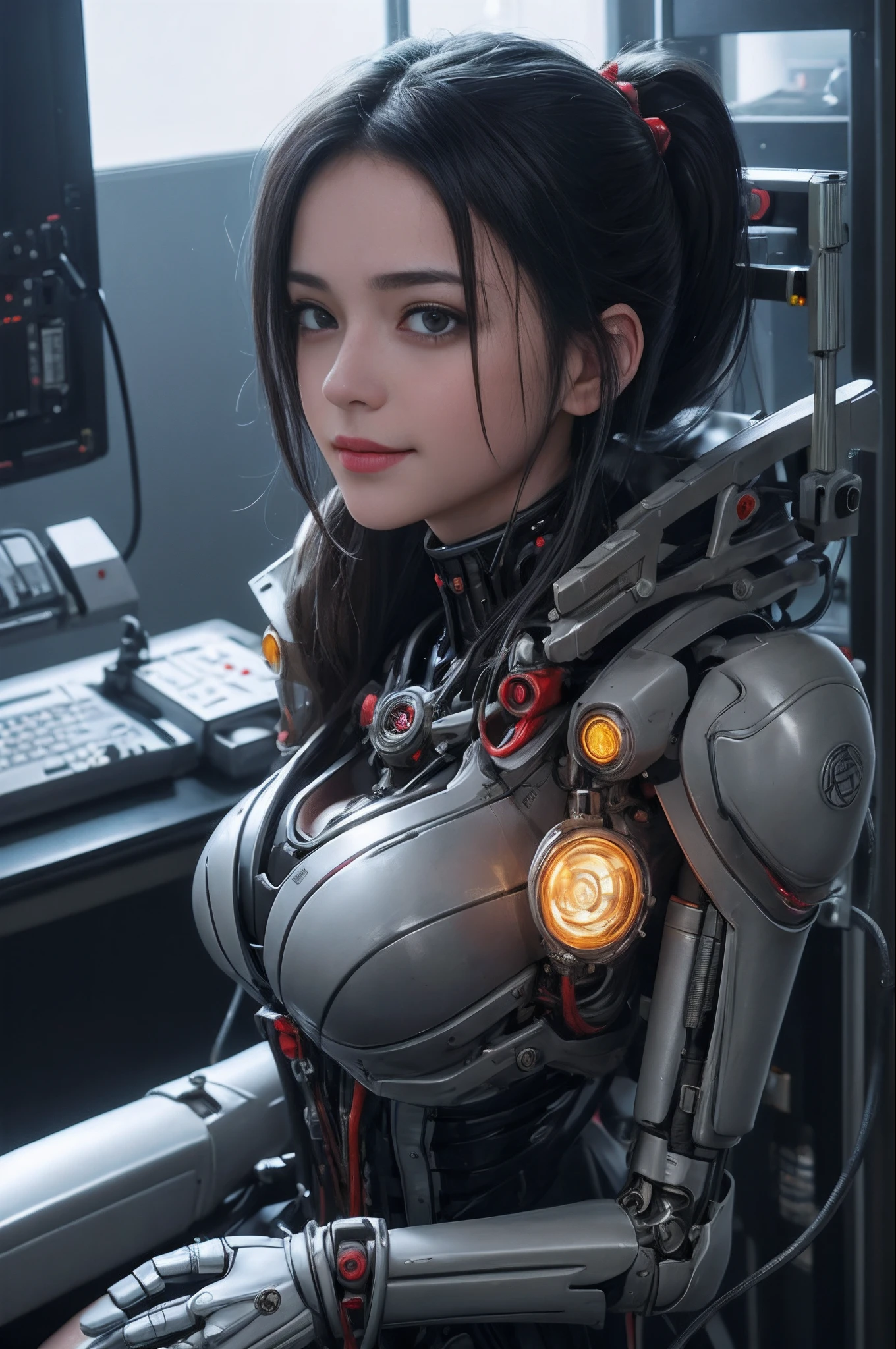 of the highest quality, masutepiece, Ultra High Resolution, (Photorealistic: 1.4), Raw photo, 1 Cyberpunk Girl, Black hair, Glossy skin, 1 Mechanical Girl, (super realistic details)), Full body, Global Illumination, Contrasty, shadowy, Octane Rendering, 8K, ultrasharp, Cleavage exposed, Raw skin, Metal, Intricate decoration details, Japan details, high intricate detailed, Realistic light, Trends in CG, Facing the camera, neon details, Mechanical limbs, blood vessels connected to tubes, Mechanical vertebrae attached to the back, Mechanical cervical attachment to the neck, Wires and cables connecting to the head, Gundam, Small LED lamps.18 years old girl、silber hair、Perfectly round pupils、Tremendous irisﾃﾞｨﾃｰﾙ, light smile, dynamic