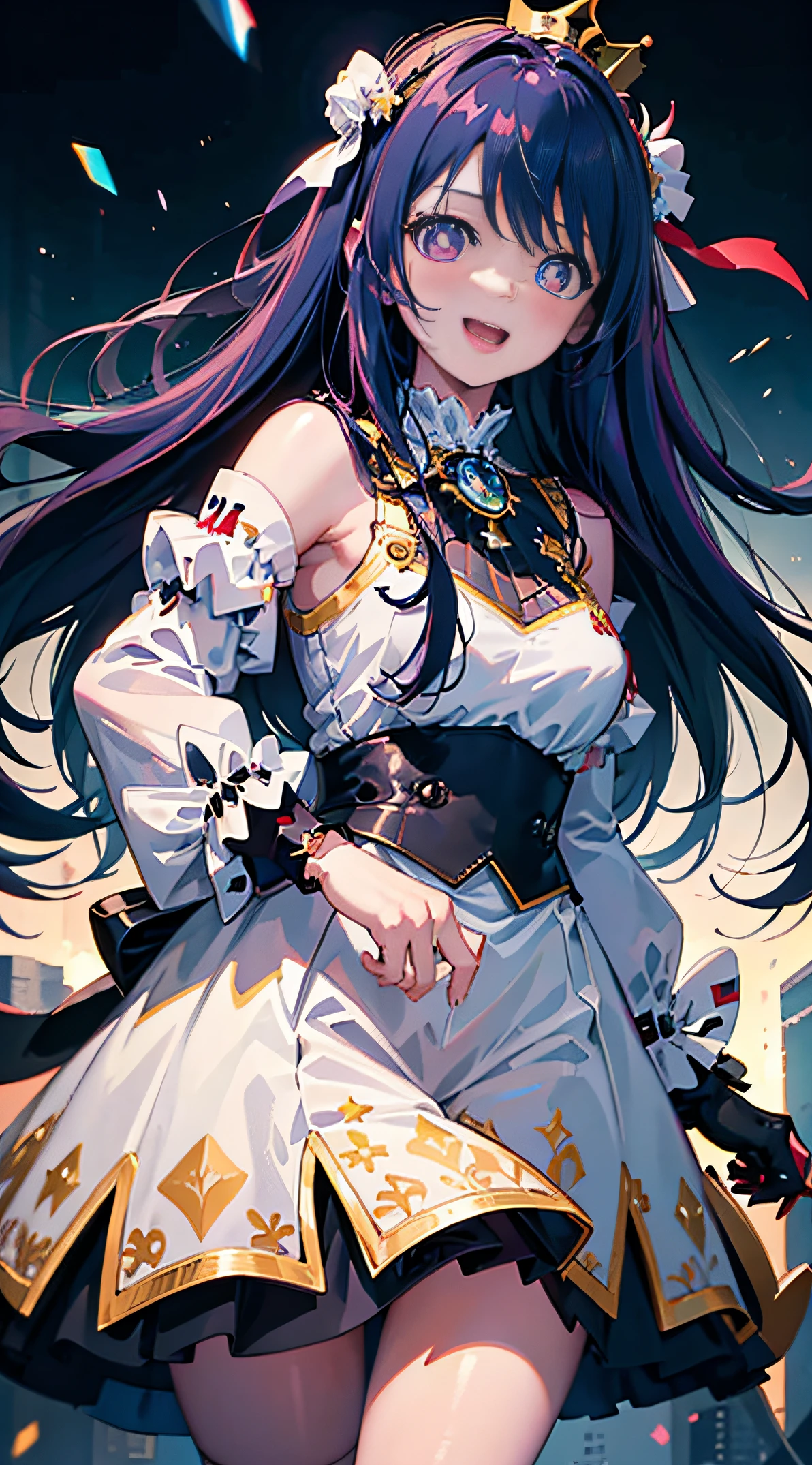 (((Masterpiece))), Ai Hoshino, 1girll, Solo, Long hair, view the viewer, Blush, Smile, Open mouth, Skirt, shirt, Black hair, hair adornments, mitts, Long sleeves, White background, dress, bow, Bare shoulders, Blue hair, Purple eyes, White shirt, :D, Hair accessories hair bye, Detached sleeves, Black gloves, Puffy sleeves, Star (symbol), pupils in symbol shapes, crown, star hair ornament,medium boob