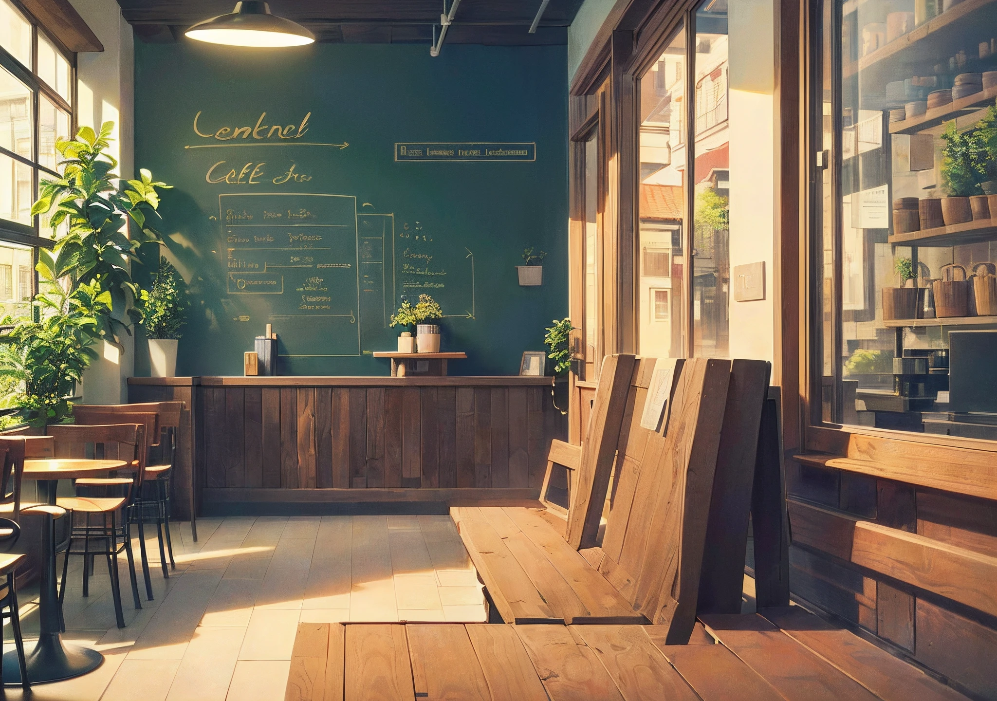 Generate a LOFI wallpaper with a cozy café and soft music in the background