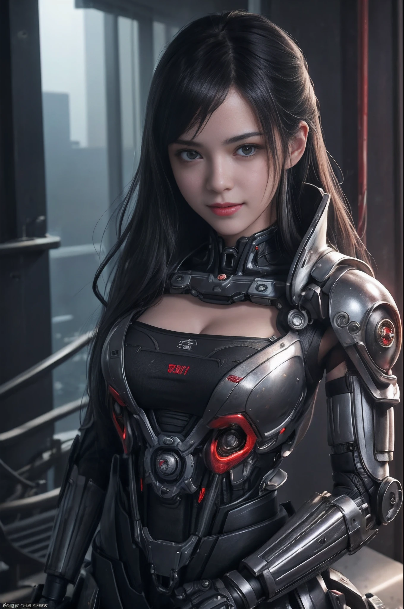 of the highest quality, masutepiece, Ultra High Resolution, (Photorealistic: 1.4), Raw photo, 1 Cyberpunk Girl, Black hair, Glossy skin, 1 Mechanical Girl, (super realistic details)), Full body, Global Illumination, Contrasty, shadowy, Octane Rendering, 8K, ultrasharp, Cleavage exposed, Raw skin, Metal, Intricate decoration details, Japan details, high intricate detailed, Realistic light, Trends in CG, Facing the camera, neon details, Mechanical limbs, blood vessels connected to tubes, Mechanical vertebrae attached to the back, Mechanical cervical attachment to the neck, Wires and cables connecting to the head, Gundam, Small LED lamps.************ girl、silber hair、Perfectly round pupils、Tremendous irisﾃﾞｨﾃｰﾙ, light smile, sexy pose