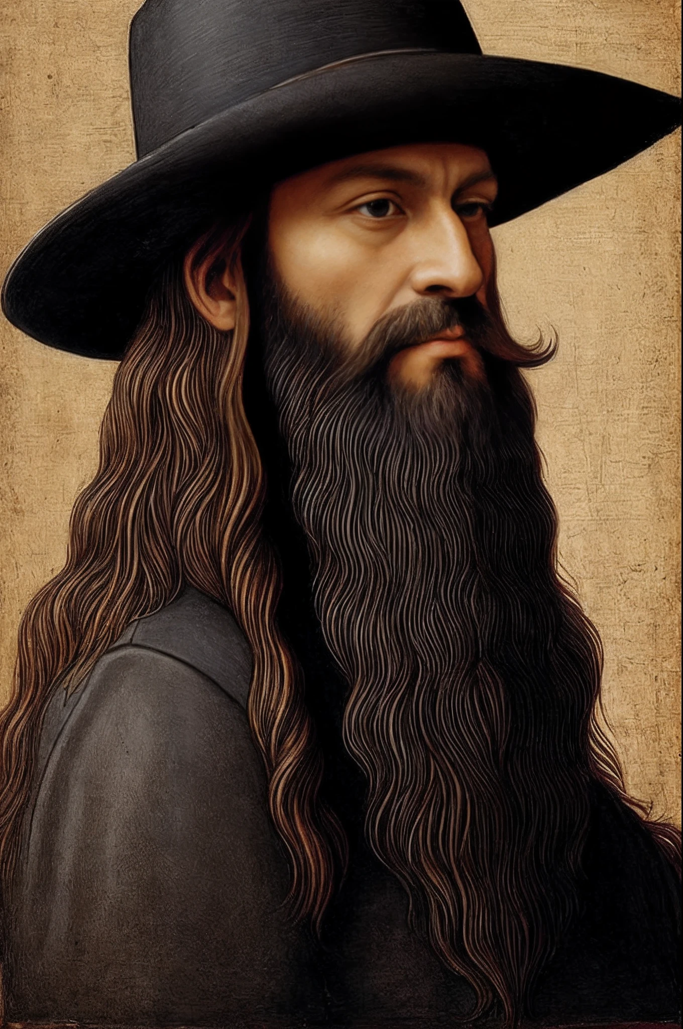a painting of a bearded man with a black hat and long beard, leonardo da vinci), leonardo da vinci style, artist leonardo davinci, leonardo davinci, ( leonardo da vinci ), leonardo da vinci painting, leonardo divinci, by Leonardo da Vinci, leonard da vinci style, iron age : leonardo da vinci, in style of leonardo da vinci