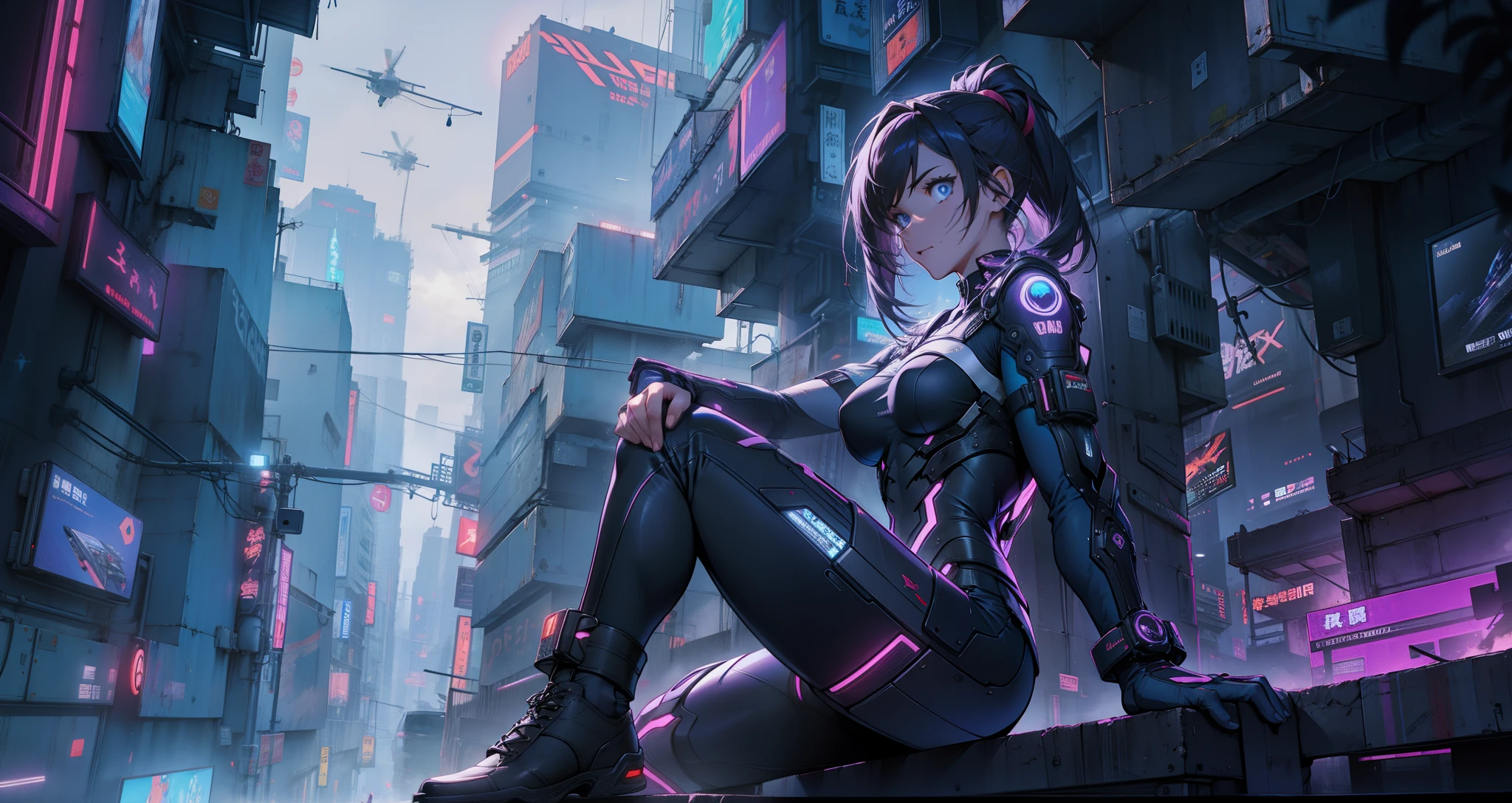 1 mechanical girl, solo person, full bodyesbian,Machine-made joints,Top quality, Masterpiece, 超高分辨率, (Photorealistic: 1.4), RAW photo, Black hair, Glossy glossy skin, (hyper realistic detailed)), Global illumination, Shadows, Octane rendering, 8K, ultrasharp, metal, Intricate Ornament Details, headset on head, Hydraulic cylinder, very complex details, Realistic light, CGSoation trend, Purple eyes, Glowing eyes, Facing the camera, neon light detail, Mechanical limbs, Blood vessels connected to the tube, Mechanical vertebrae attached to the back, mechanical cervical attachment to the neck, Sitting, wires and cables connecting to head, Evangelion, Cyberpunk, small led lights, The background is a futuristic skyscraper, Flying cars flying around, Mechanical airship science fiction,Metallic,sharp,Reflective,4K Ultra HD, 超高分辨率, (Photorealistic: 1.4), Best quality,Masterpiece,Utra dilution,(pastel colour:1.2)
