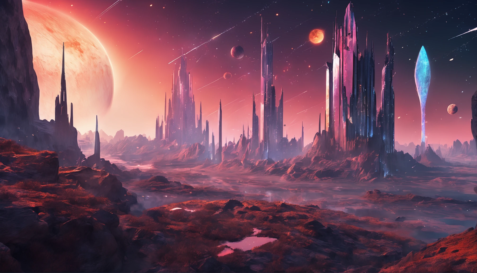 Starry sky and distant fantasy cities and planets with towers, epic fantasy sci fi illustration, fantasy planet, arstation and beeple highly, Fantasy space, fantasy scifi, epic scifi fantasy art, epic dreamlike fantasy landscape, ethereal starlit city at sunset, impressive fantasy landscape, Sci-fi fantasy wallpaper, epic beautiful space scifi, Fantasy Sci-Fi - Fantasy