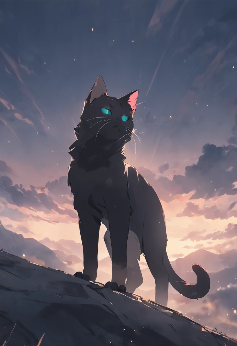 black cat, angry face, standing on the mountain in clouds natural light, photorealism, cinematic rendering, ray tracing, the highest quality, the highest detail, Cinematic, Third-Person View, Blur Effect, Long Exposure, 8K, Ultra-HD, Natural Lighting, Moody Lighting, Cinematic Lighting