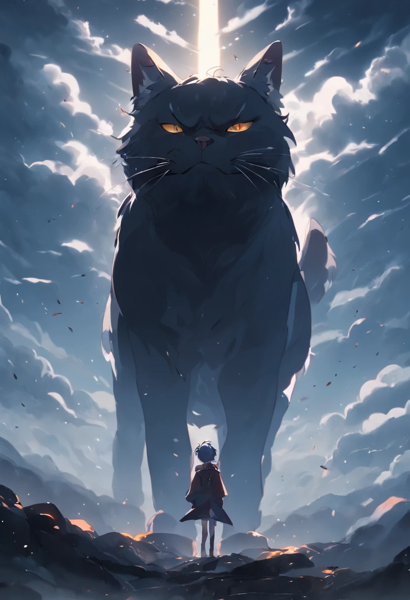 black cat, angry face, standing on the mountain in clouds natural light, photorealism, cinematic rendering, ray tracing, the highest quality, the highest detail, Cinematic, Third-Person View, Blur Effect, Long Exposure, 8K, Ultra-HD, Natural Lighting, Moody Lighting, Cinematic Lighting