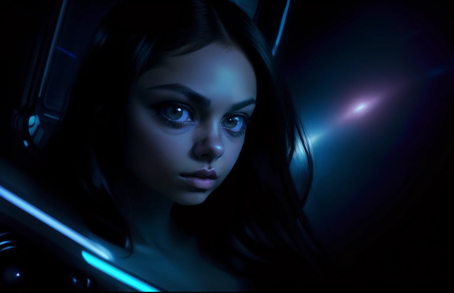 Mila Kunis as a preteen kitten fairy goth futuristic robot in a spacecraft traveling through space. vivid silver, black colors., looking at viewer, realistic, masterpiece, highest quality, backlighting, (lens flare:1.1), (bloom:1.1), (chromatic aberration:1.1), by Jeremy Lipking, by Antonio J. Manzanedo