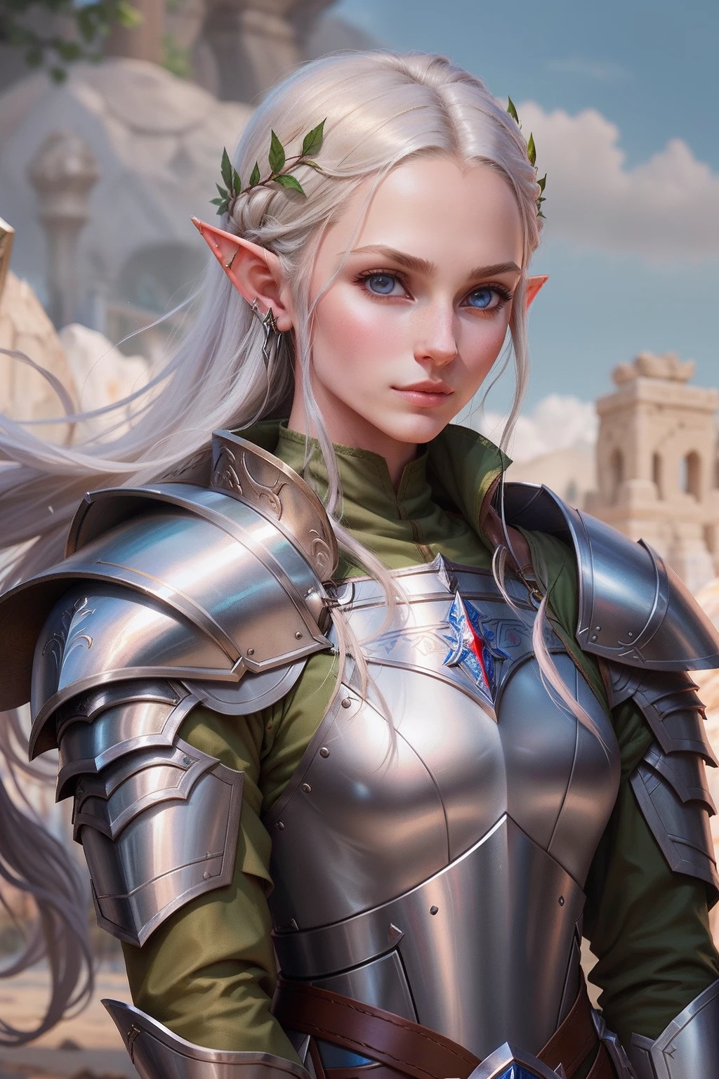 ((best quality)), ((masterpiece)), (detailed), Prize-winning works, with incredible details, maximum textures and details, uhd ,8K,super resolution ,depth of field, retina, masterpiece, anatomically correct, textured skin, super detail, high details, highres ,1 Fantasy adventurous male elf ,long gray hair ,face ultradetailed ,blue colored eyes, wide chin,a slight charming smile , wearing blue light armor  , blue gauntlets and gloves, black green breastplate,blue and silver long cape ,fully body, hyper-detailed piercing eyes ,blue heavy armor (25 year old young man :1.1,detailedeyes, face detailed, whole body:1.1,the bottom is a valley ,mountains and forest ),(best qualityer:1.2,ultra detali:1.1,realisitic:1.37) ,eyeshadows,sharp focus,swirly vibrant colors,)