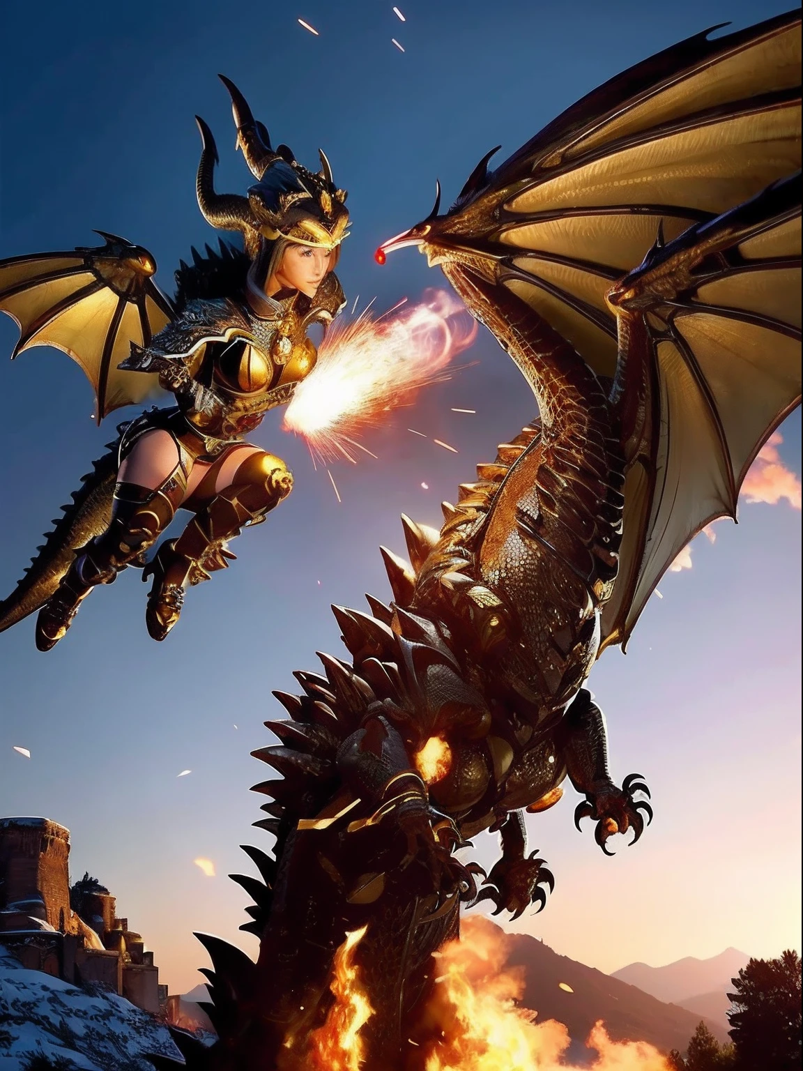 Professional , masterpiece、top-quality、photos realistic , depth of fields 、(Dragon Black Metal Body:1.9),(Mattretto、(cleavage of the breast)、Dragon Gold Weapon、(Micro Bikini Armor:1.4),Gorgeous gold weapons ,Particles of light、Particles of light、(( Dragon's dense and gorgeous sword)) , (demonic wings)、((a blond))、(Castle background)、Fight dragons、((Gangle's forest background))、Take intense poses、Beautiful Caucasian beauty、1a person、dynamic ungle,(((Detailed and ornate dragon helmet)))、Smaller head、A smile、Castle background、Thin and beautiful female hands、cleavage of the breast、Soldier in iron armor on background、Mystical expression、Light Effects、intense fighting、Wind-effect、magic circles、With the legendary magic wand、Dragon's tail、explosions、