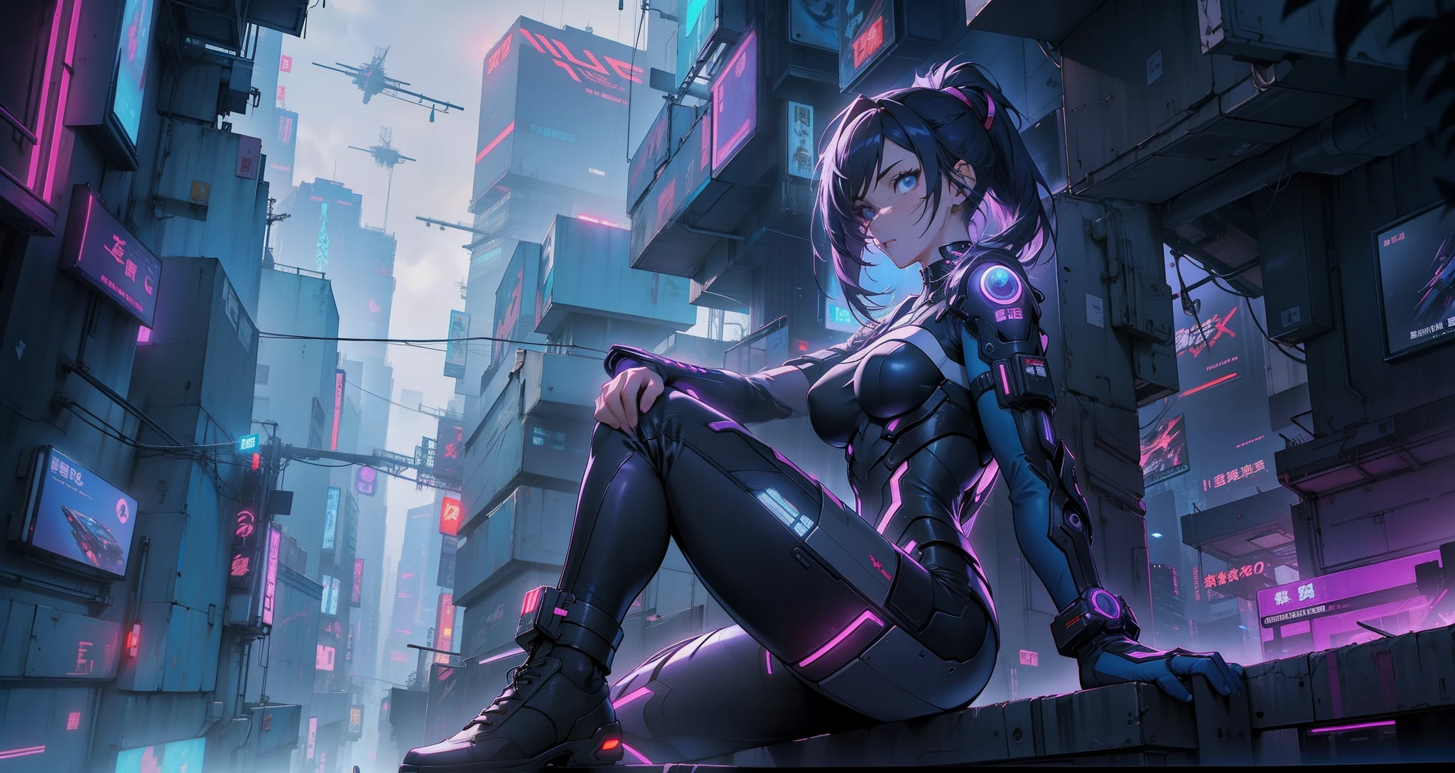 Cyber girl sitting on a ledge in the city at night。Cyberpunk anime art envelops her as digital worlds intersect。Modern cyberpunk art style illuminated by neon lights、It depicts a fusion of an anime girl and a mecha.。This art with a cyberpunk theme is、Feel like a dreamy future。With the scenery of a cyberpunk city lined with skyscrapers、Her presence is enchanting,、It seems to be wrapped in a mysterious magic。