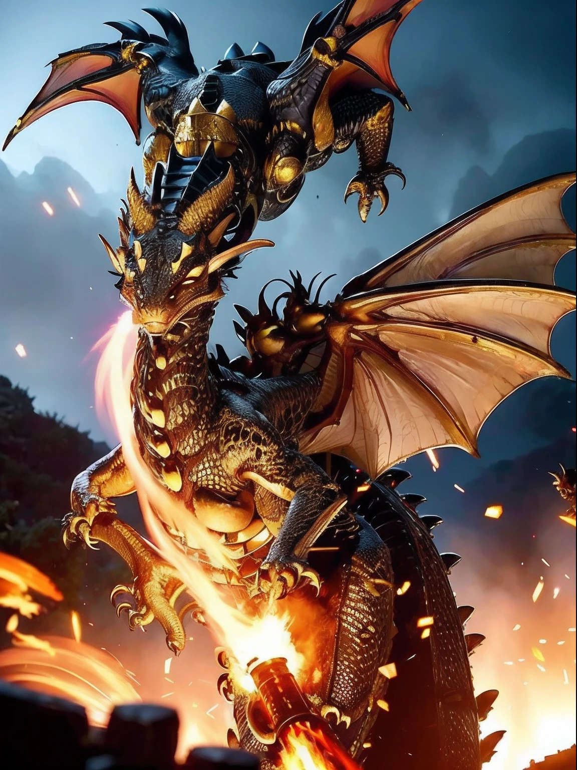 Professional , ​masterpiece、top-quality、photos realistic , depth of fields 、（Dragon Black Metal Body:1.９),(Mattretto、（cleavage of the breast）、Dragon Gold Weapon、（Micro Bikini Armor:1.４),Gorgeous gold weapons ,Particles of light、Particles of light、（（ Dragon's dense and gorgeous sword）） , （demonic wings）、（（a blond））、（Castle background）、Fight dragons、（（Gangle's forest background））、Take intense poses、Beautiful Caucasian beauty、１a person、dynamic ungle,(((Detailed and ornate dragon helmet)))、Smaller head、A smile、Castle background、Thin and beautiful female hands、cleavage of the breast、Soldier in iron armor on background、Mystical expression、Light Effects、intense fighting、Wind-effect、magic circles、With the legendary magic wand、Dragon's tail、explosions、