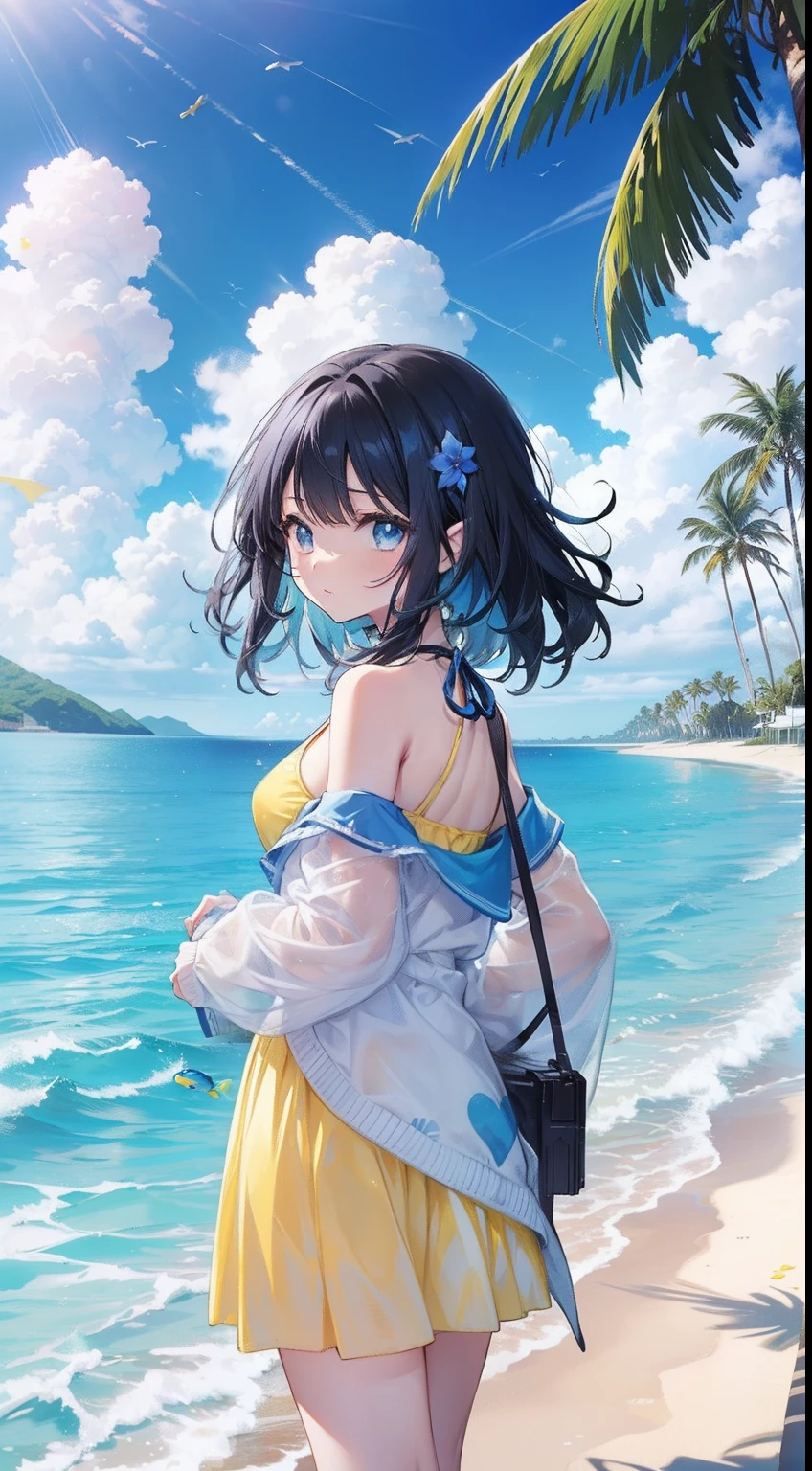 Cornflower art, dreamy, (A cute anime-style teenage girl with blue eyes and long black hair, wearing a pale yellow, bright, long-sleeved, open-chested, long skirt with a pink, white, and yellow swimsuit, heart is posing with hands on hips, in front of a beach and bright blue sky with clouds, there are palm trees in the background on both sides of the picture, and there are many blue and yellow fish swimming in the ocean, and there is a police helicopter with lights flying over the girl)