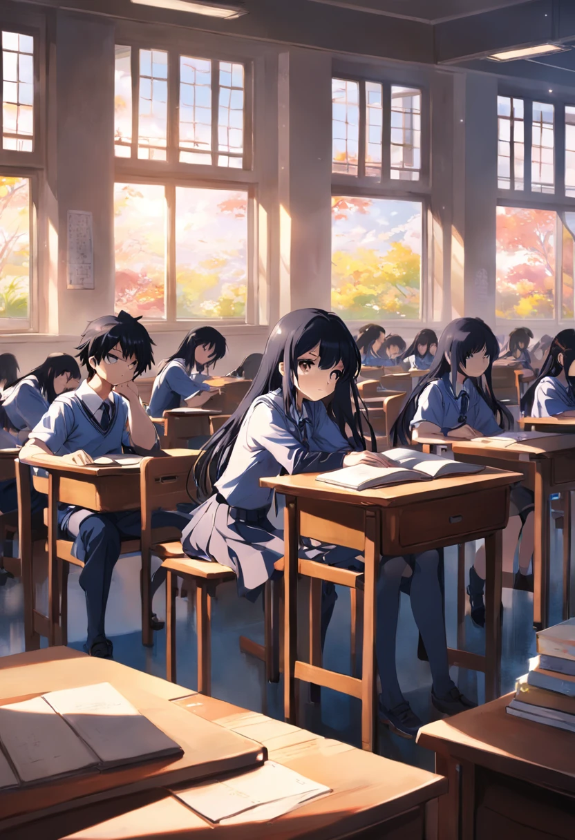 two guys,Long black hair sitting in classroom anime girl in school uniform,Sleep on the table,Next to her is an anime boy with short black hair and a school uniform,There are stacked books in front,The sun is shining outside the window
