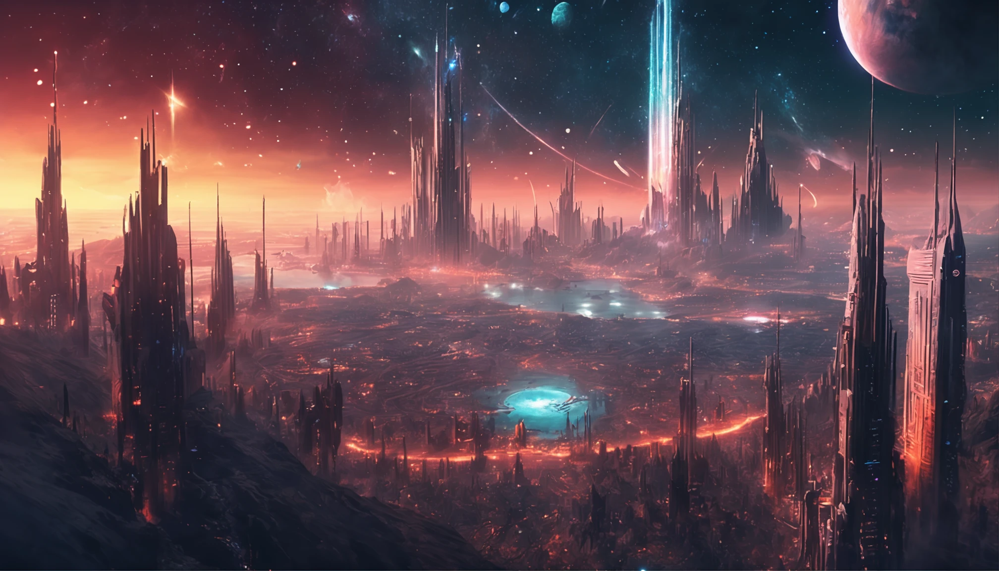 Starry sky and distant fantasy cities and planets with towers, epic fantasy sci fi illustration, fantasy planet, arstation and beeple highly, Fantasy space, fantasy scifi, epic scifi fantasy art, epic dreamlike fantasy landscape, ethereal starlit city at sunset, impressive fantasy landscape, Sci-fi fantasy wallpaper, epic beautiful space scifi, Fantasy Sci-Fi - Fantasy