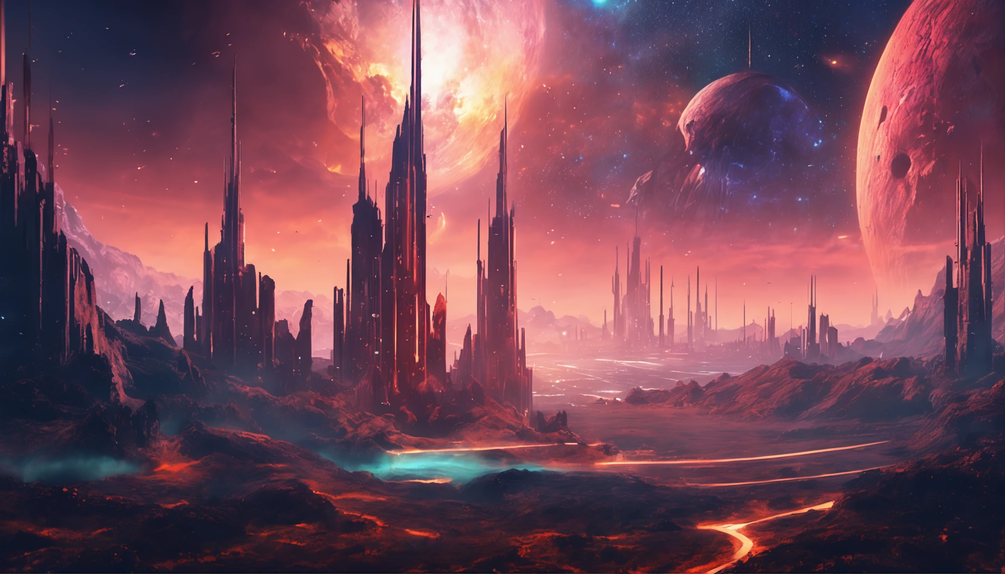 A painting of a futuristic city with a river running through it - SeaArt AI