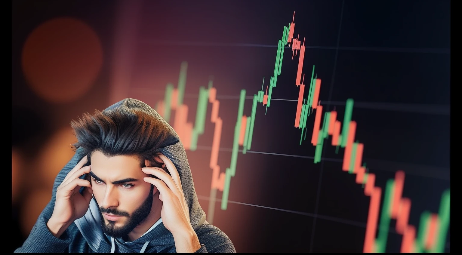 Hooded man holding his head in front of a stock chart, 🚀🚀🚀, shockwaves are coming out, Lutando, preocupado, aaa, trending on markets, 🔞🤡, People are panicking, technological anguish, displaying stock charts, Contemplando, fibonacci pattern, Shorting, Preocupado, Frustrado, imagem de alta qualidade