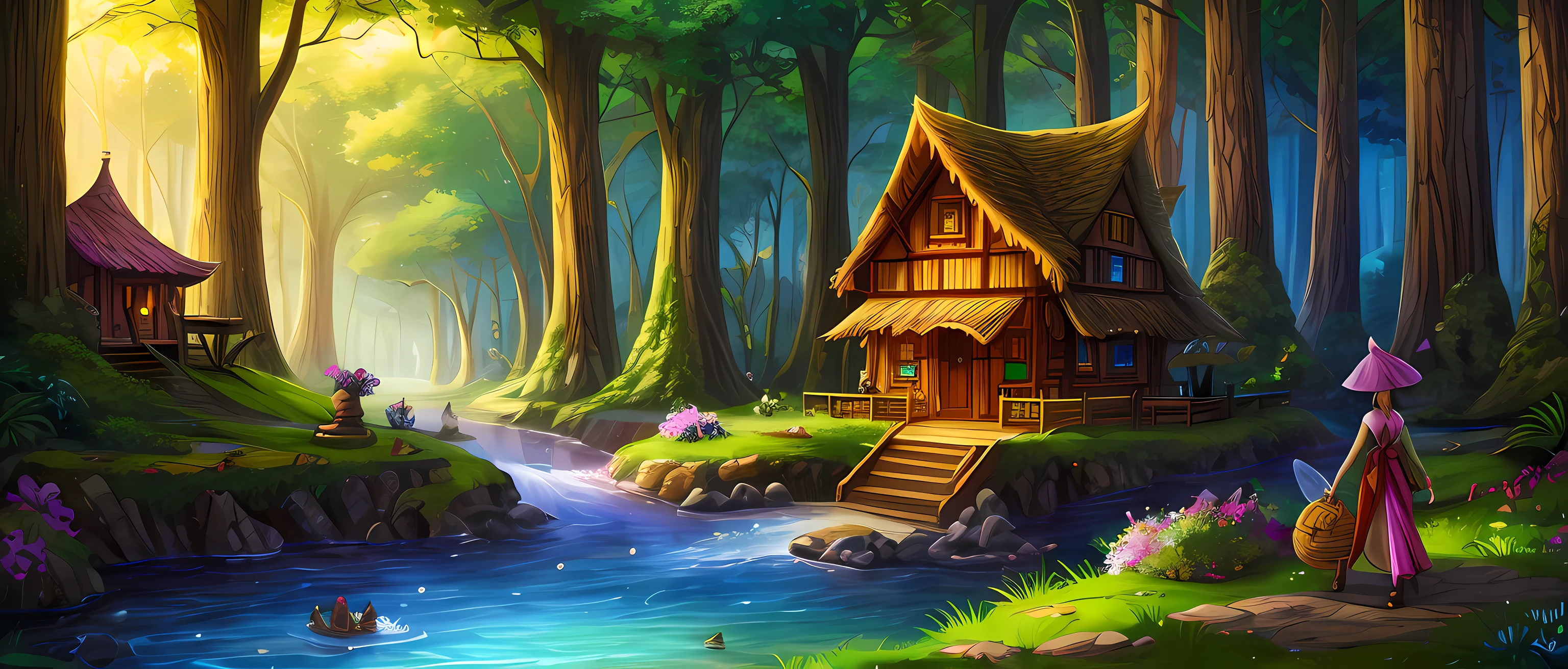 Colorful woods,Cartoon illustration of fantasy forest with tree house and stream, colorful concept art, made of tree and fantasy valley, arte de fundo, fairy kingdom forest, Stylized concept art, enchanted magical fantasy forest, magical fantasy 2 d concept art, fairy tale style background, a bustling magical town, whimsical fantasy landscape art, elf forest background, medeival fantasy town