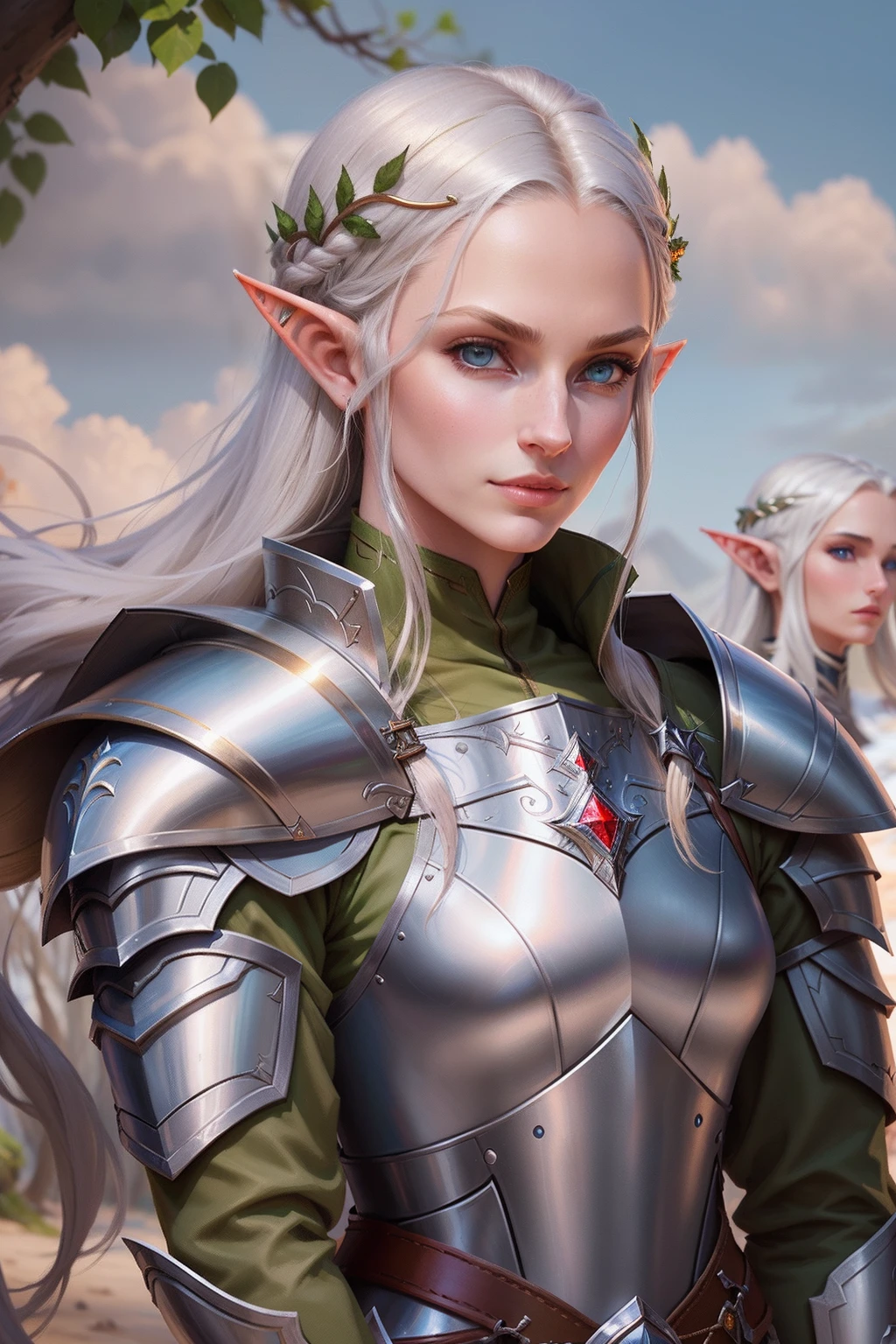 a close up of a person in armor with a sword, Portrait of a female elf, Silver-skinned female elf, Colossal tits、Sexy and beautiful female elf, Female Elf, River Male, elven character with smirk, Female Elfranger, Portrait of a slender elf woman、Dynamism、Fighting figure