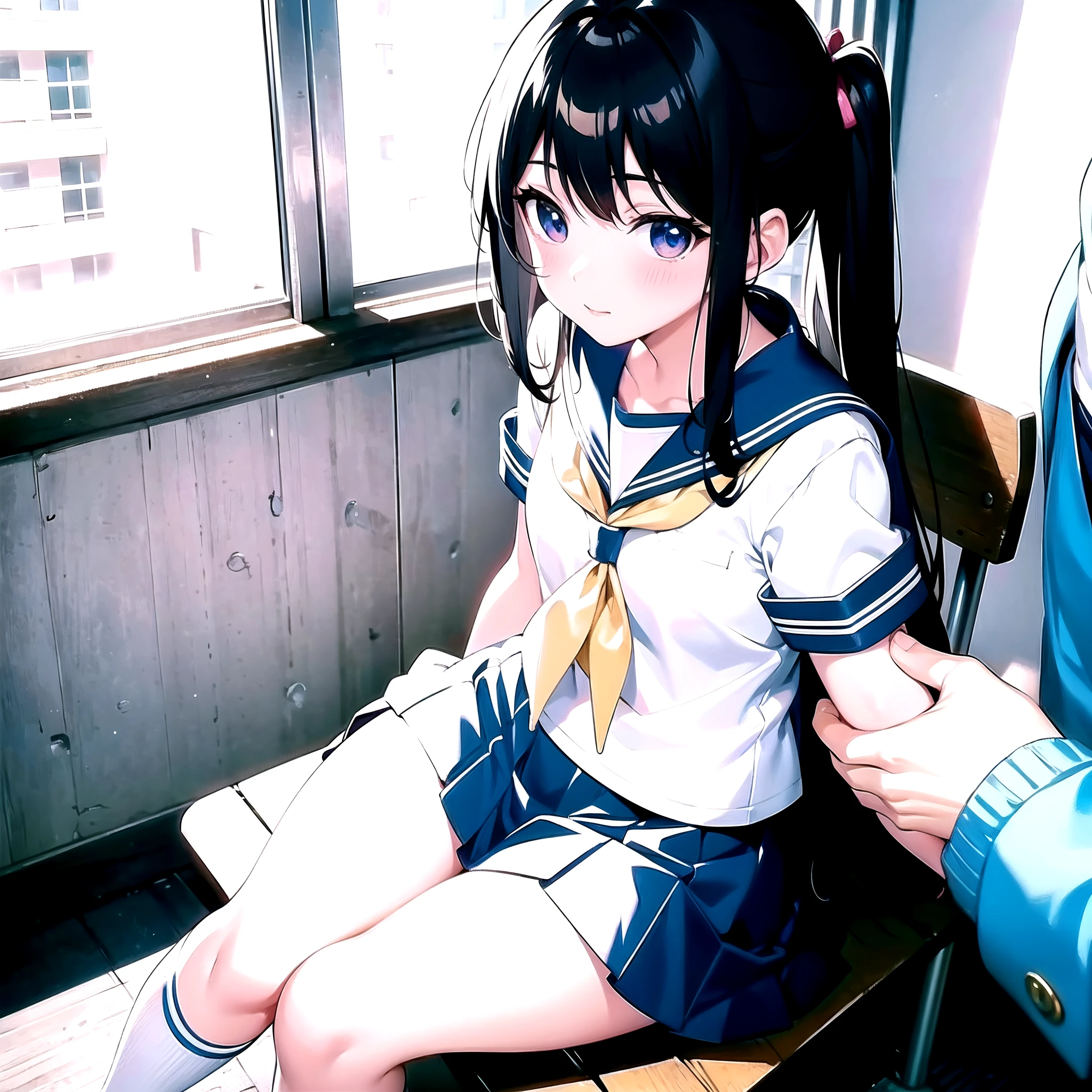 Anime girl sitting on a bench with a guy standing behind her, beautiful anime high school girl, a hyperrealistic schoolgirl, a hyperrealistic schoolgirl, Realistic Schoolgirl, anime moe art style, young anime girl, Cute anime girl, Seductive Anime Girl, charming anime girls, Ecchi anime style, the anime girl is crouching, Smooth Anime CG Art