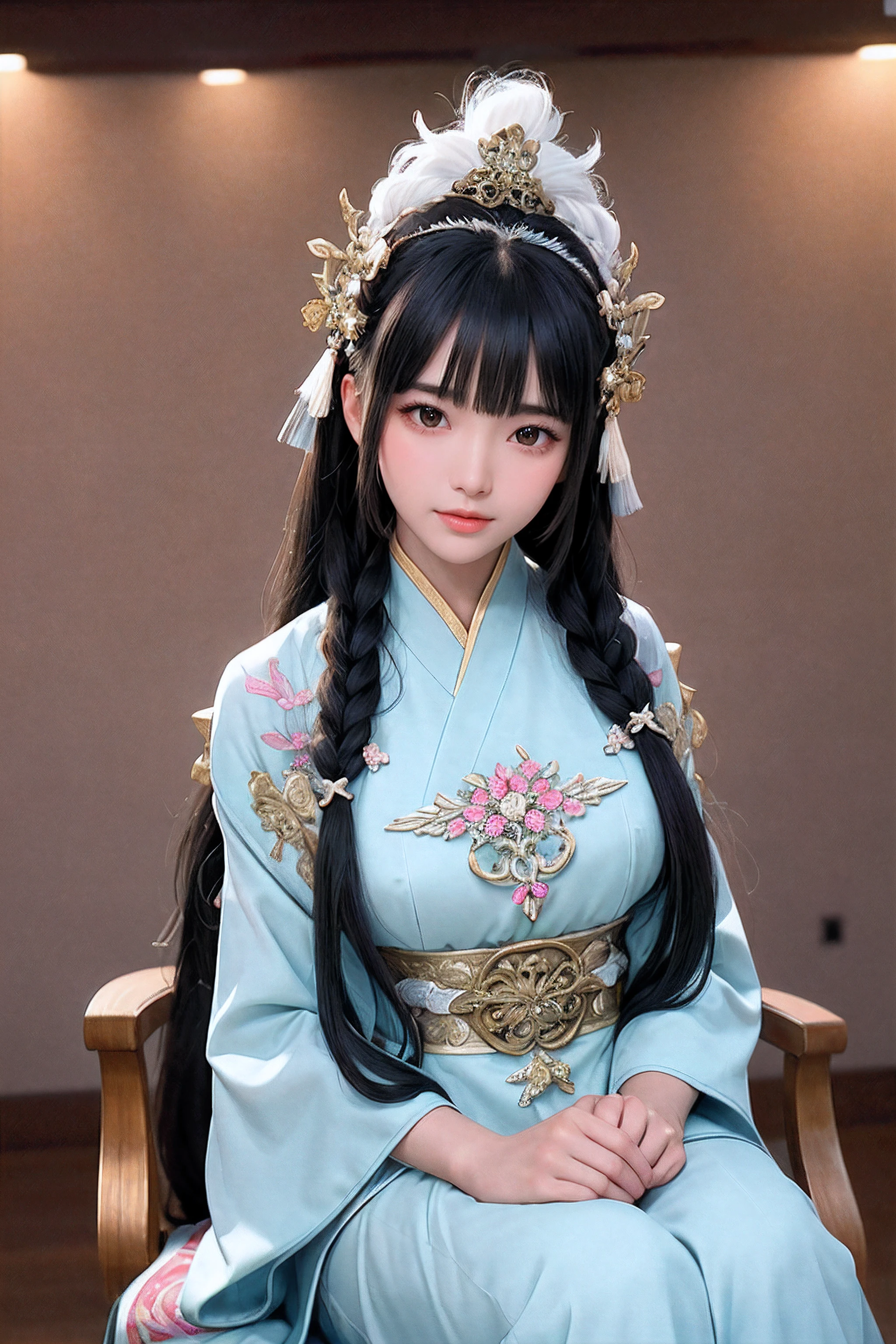 close up on face, Ultra-fine face,femele, China-style, Ancient wind,Hanfu, Sit Pose, long whitr hair, Delicate clothing patterns, ellegance, opulent, ellegance, ssmile,Skysky, Ribbons,Sense of brokenness, ruri, Buble, Double up braid, Hairline, slanted bangs, shairband, hair adornments,glitters, cinmatic lighting, hyper HD, A high resolution, best qualtiy, 8K, high detal, high qulity, super detailing, anatomy correct, tmasterpiece, ccurate,plump,landscape painting,screen