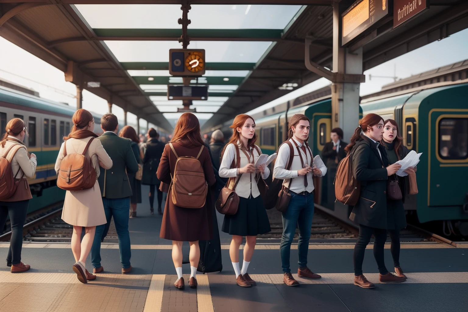 At a bustling train station, a character with chestnut hair races against time to catch a departing train, their face a tumultuous mixture of determination and despair, their hazel eyes scanning the platform frantically.