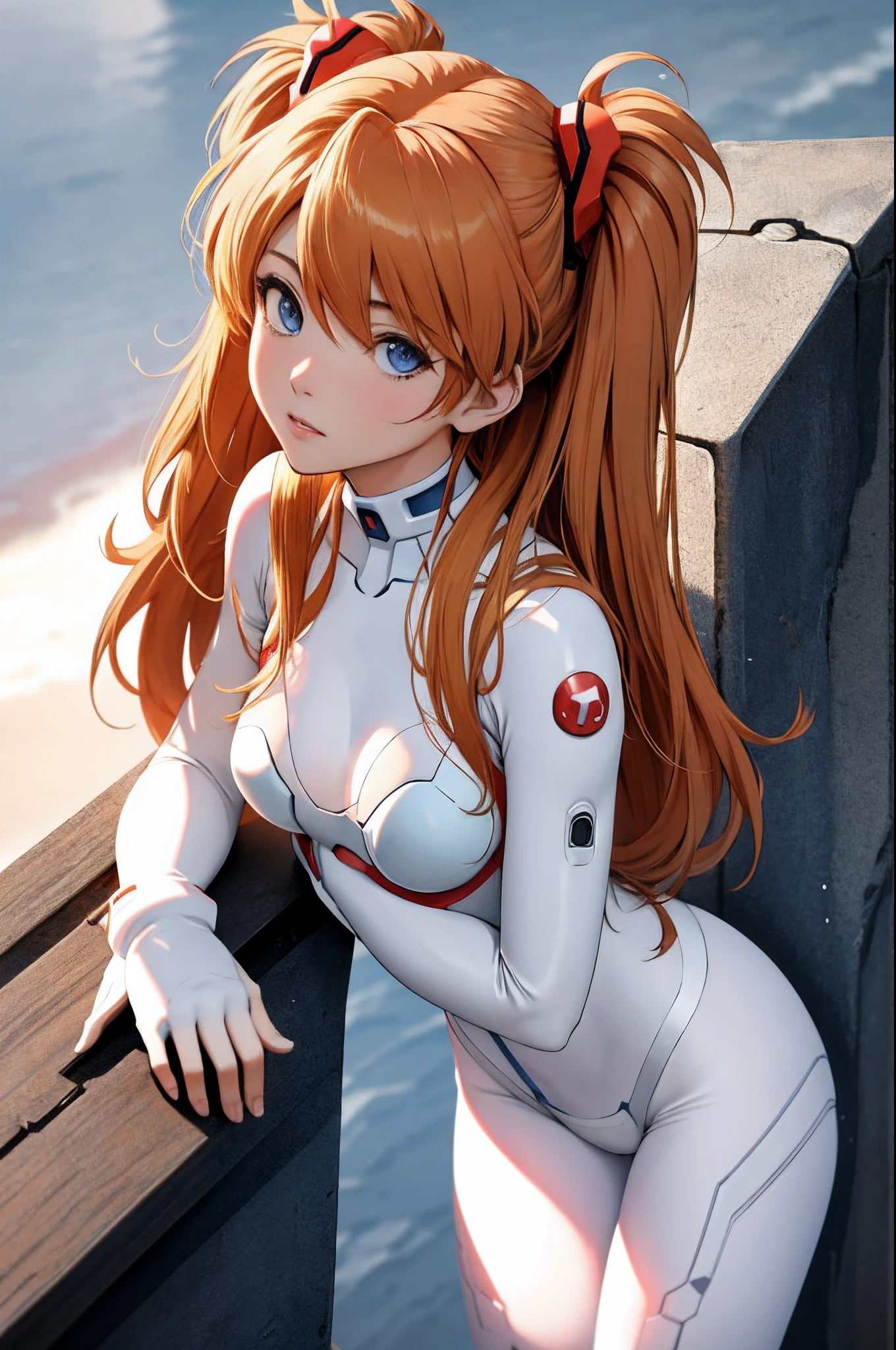 souryuu asuka langley, (masterpiece, best quality, detailed), 1girl, solo, leaning forward, cowboy shot, interface headset, white bodysuit, eyepatch, from above, simple background.