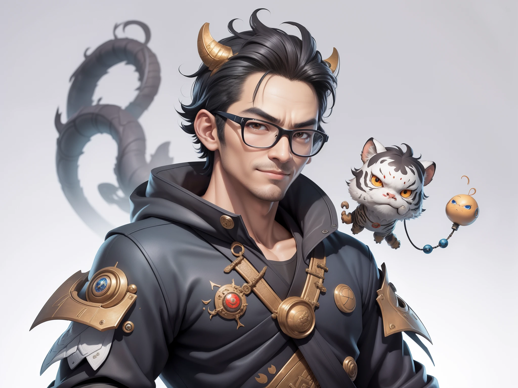 Young man with oriental face in leather hat, dragon, formal suit, short black hair, silver glasses, digital painting, 3D character design by Mark Clairedon and Pixar and Hayao Miyazaki and Akira Toriyama, the illustration is a high-definition illustration in 4K resolution with very detailed facial features and cartoon-style visuals.