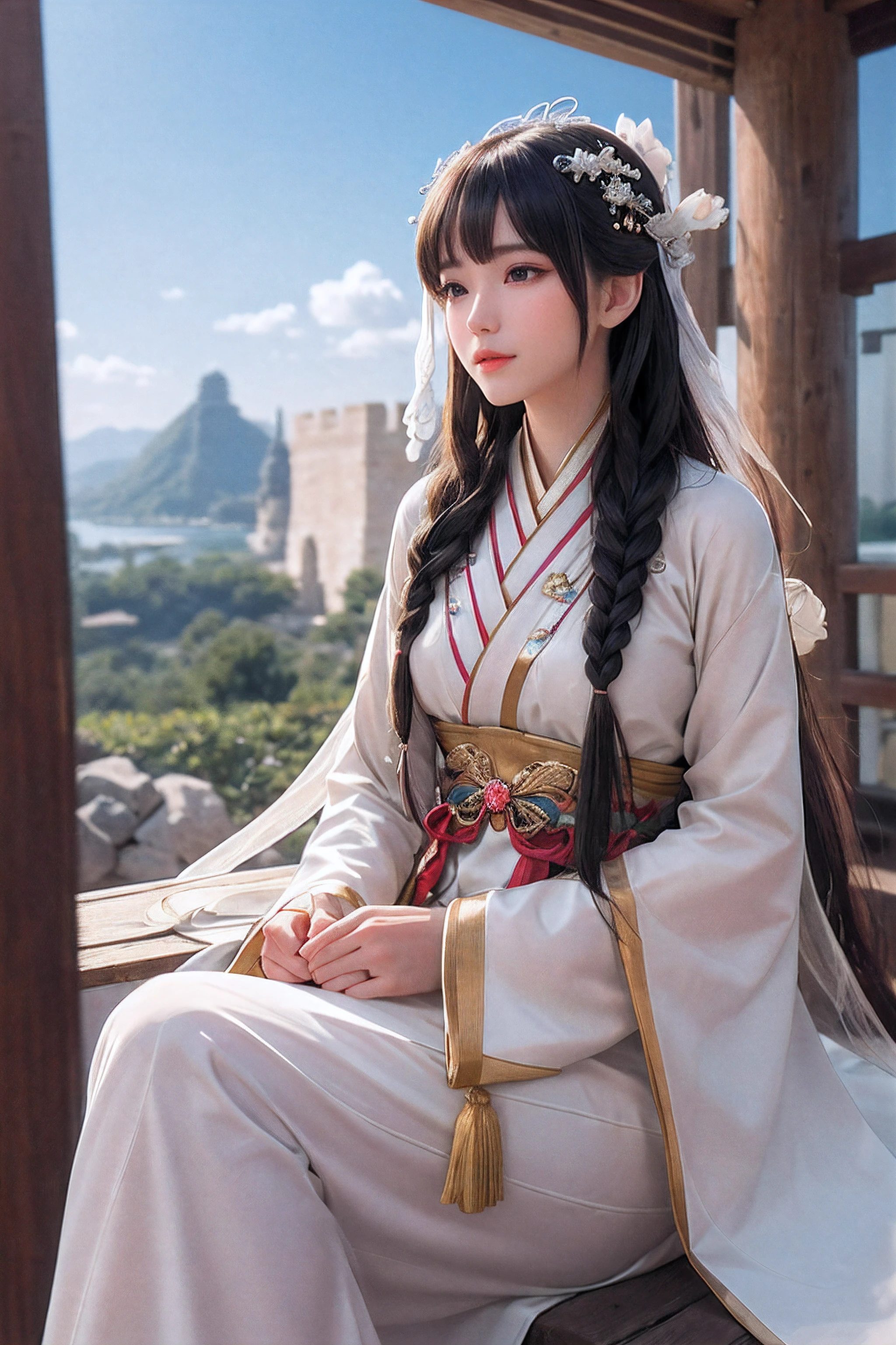 close up on face, Ultra-fine face,femele, China-style, Ancient wind,Hanfu, Sit Pose, long whitr hair, Delicate clothing patterns, ellegance, opulent, ellegance, ssmile,Skysky, Ribbons,Sense of brokenness, ruri, Buble, Double up braid, Hairline, slanted bangs, shairband, hair adornments,glitters, cinmatic lighting, hyper HD, A high resolution, best qualtiy, 8K, high detal, high qulity, super detailing, anatomy correct, tmasterpiece, ccurate,plump,landscape painting,screen